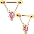 BodyCandy 14G 9/16 Pink CZ Gem Gold Tone Style Fire Dangle Nipple Ring Set — main product shot
