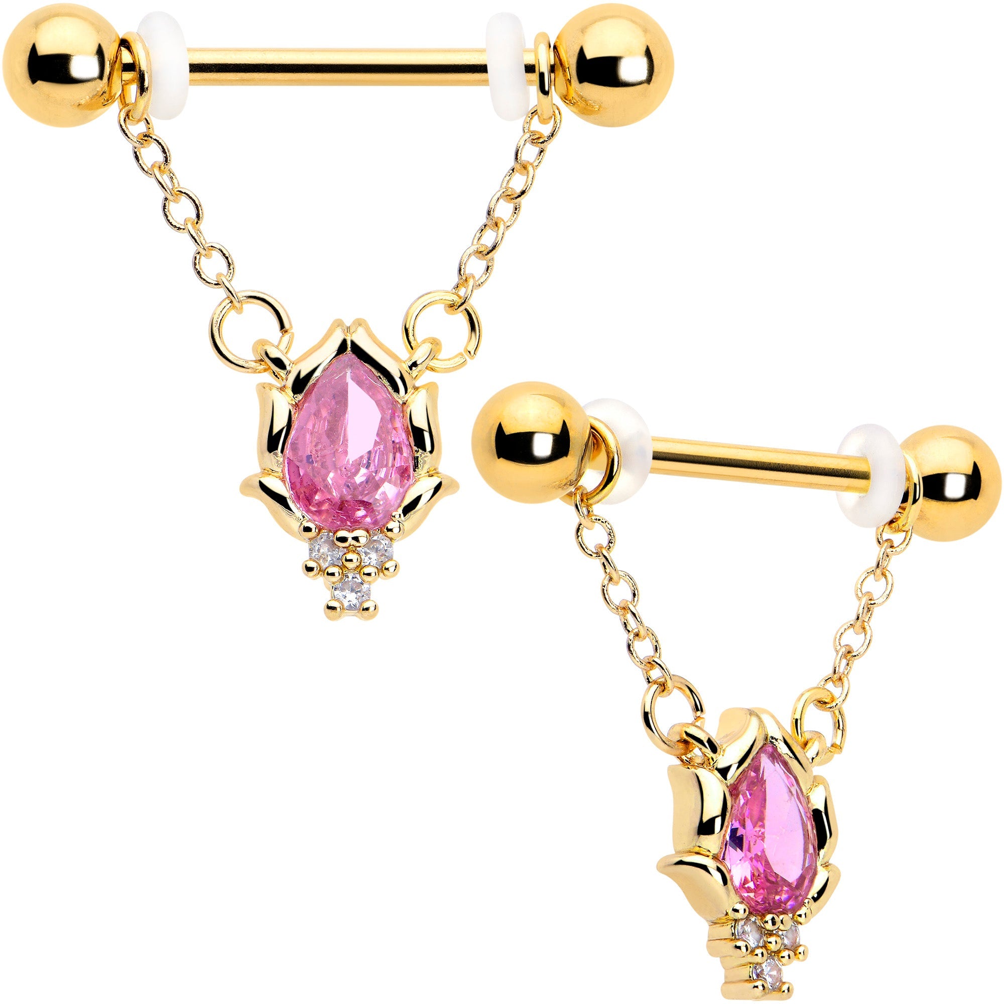 BodyCandy 14G 9/16 Pink CZ Gem Gold Tone Style Fire Dangle Nipple Ring Set — main product shot
