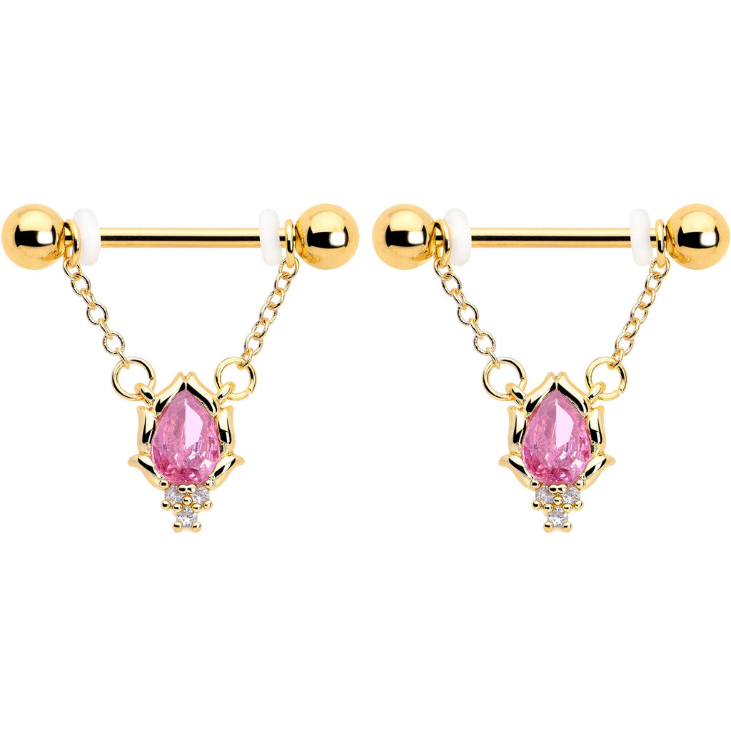 BodyCandy 14G 9/16 Pink CZ Gem Gold Tone Style Fire Dangle Nipple Ring Set — detail close-up