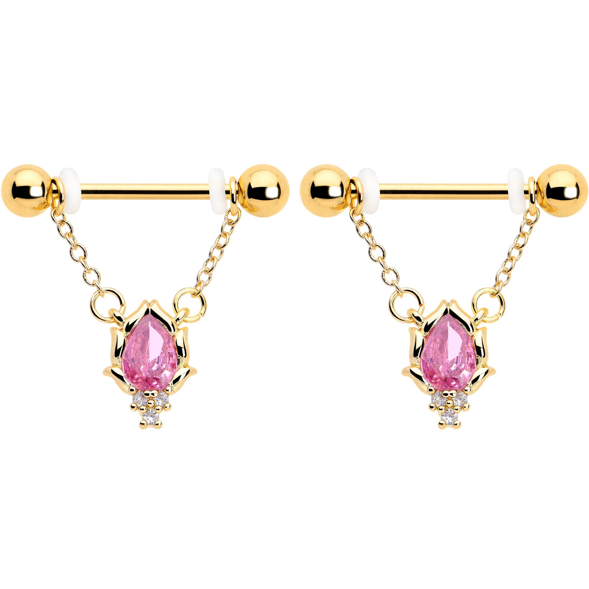 BodyCandy 14G 9/16 Pink CZ Gem Gold Tone Style Fire Dangle Nipple Ring Set — detail close-up