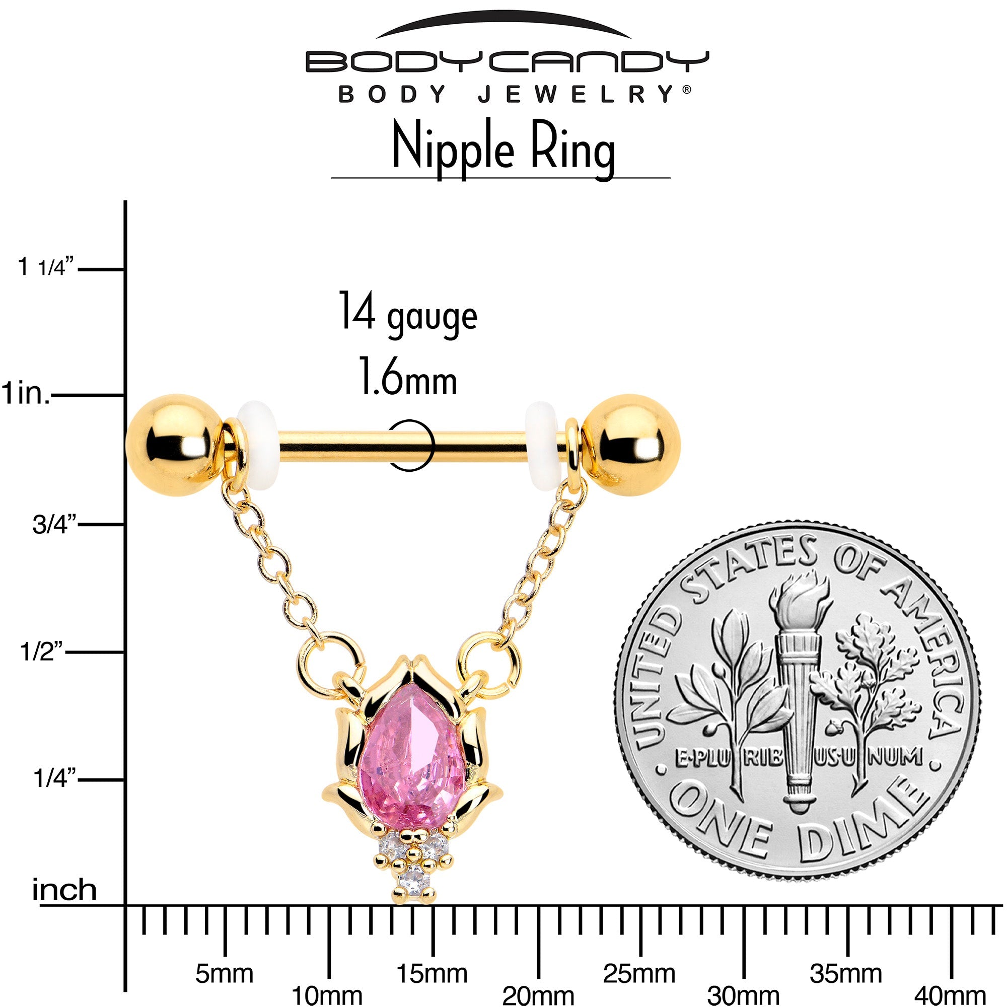 BodyCandy 14G 9/16 Pink CZ Gem Gold Tone Style Fire Dangle Nipple Ring Set — side view