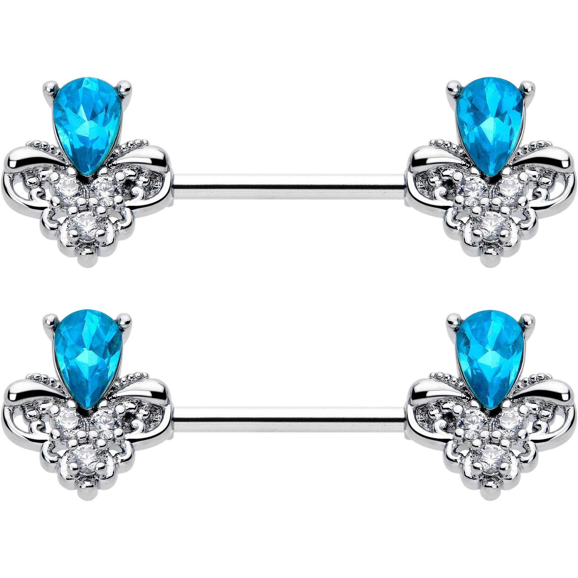 BodyCandy 14G 9/16 Blue Gem Style Simplicity Barbell Nipple Ring Set — detail close-up