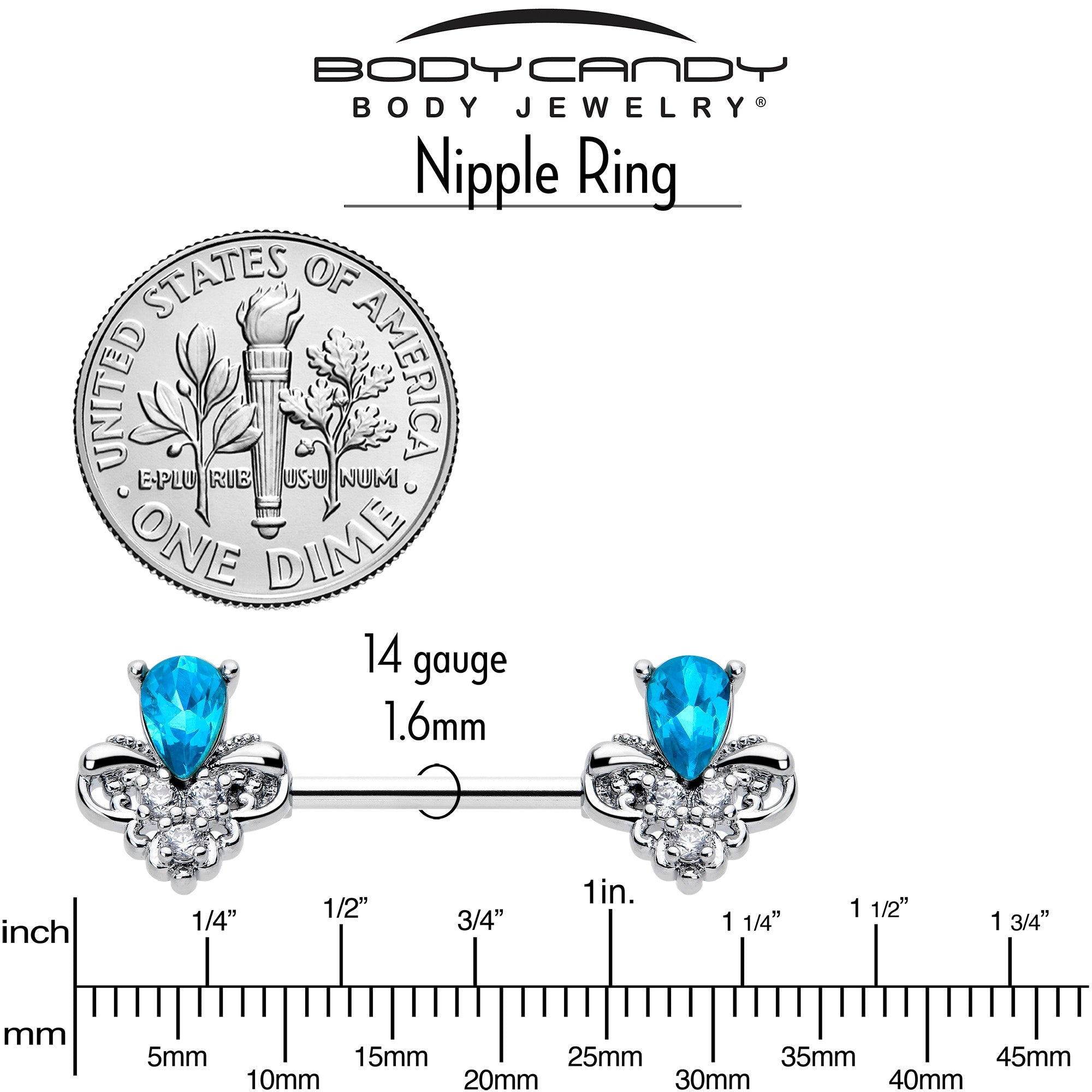 BodyCandy 14G 9/16 Blue Gem Style Simplicity Barbell Nipple Ring Set — side view