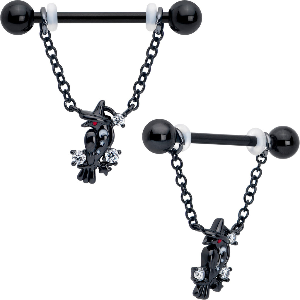 BodyCandy 14G 9/16 Clear CZ Gem Black Raven Witch Dangle Nipple Ring Set — main product shot