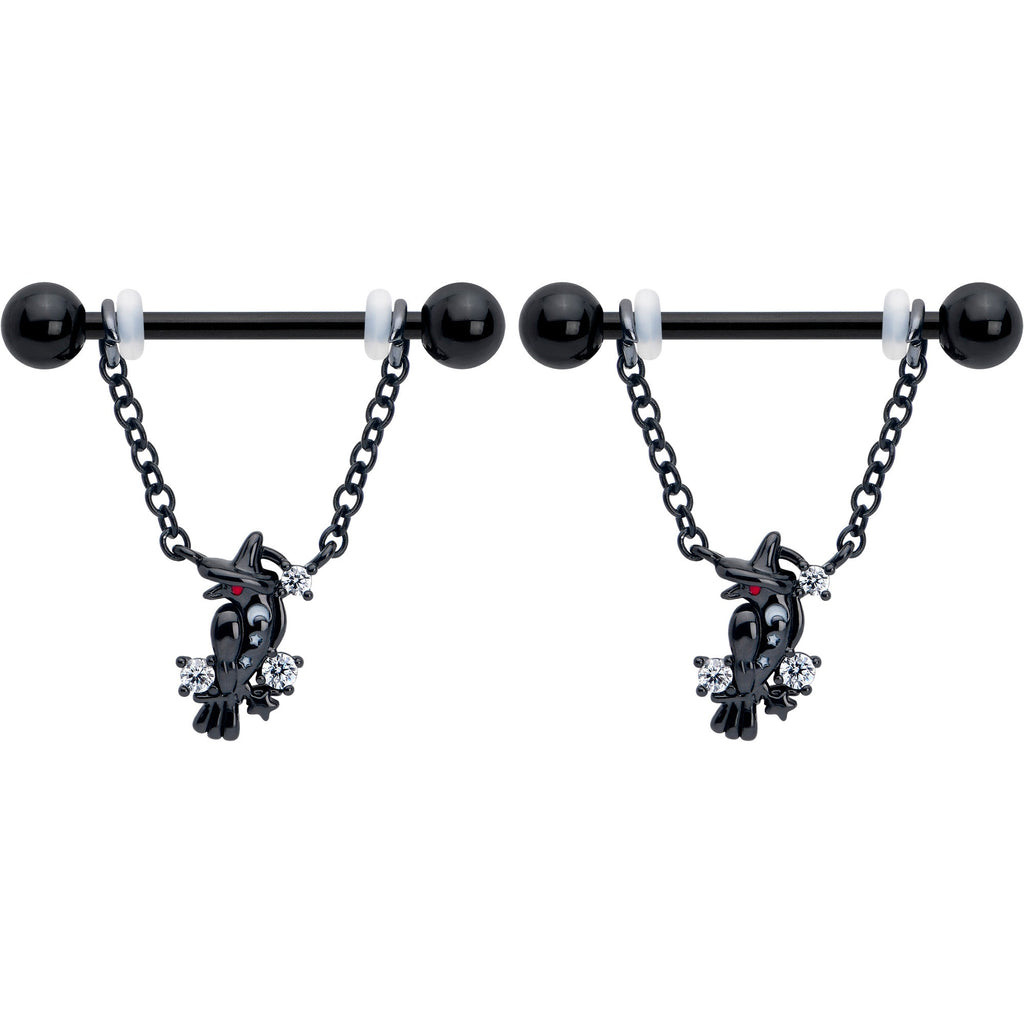 BodyCandy 14G 9/16 Clear CZ Gem Black Raven Witch Dangle Nipple Ring Set — detail close-up