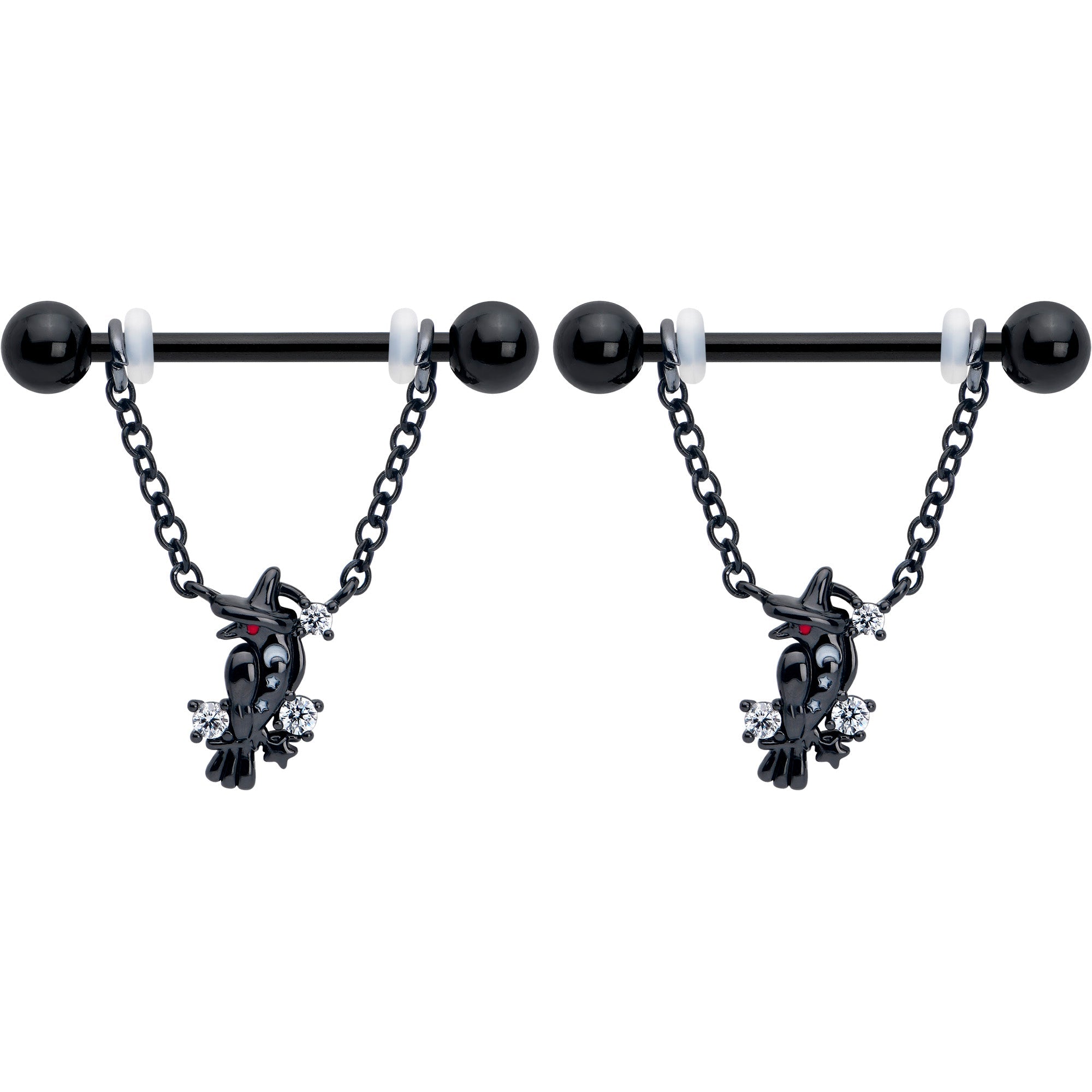 BodyCandy 14G 9/16 Clear CZ Gem Black Raven Witch Dangle Nipple Ring Set — detail close-up