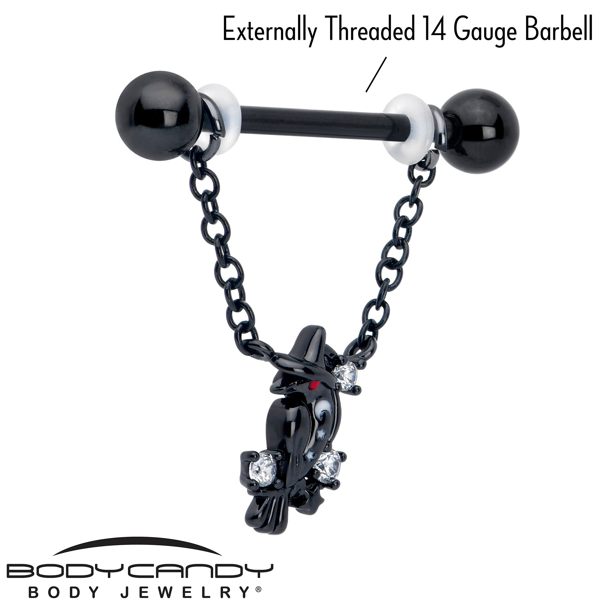 BodyCandy 14G 9/16 Clear CZ Gem Black Raven Witch Dangle Nipple Ring Set — lifestyle context