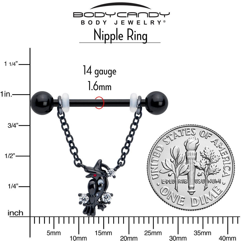 BodyCandy 14G 9/16 Clear CZ Gem Black Raven Witch Dangle Nipple Ring Set — side view