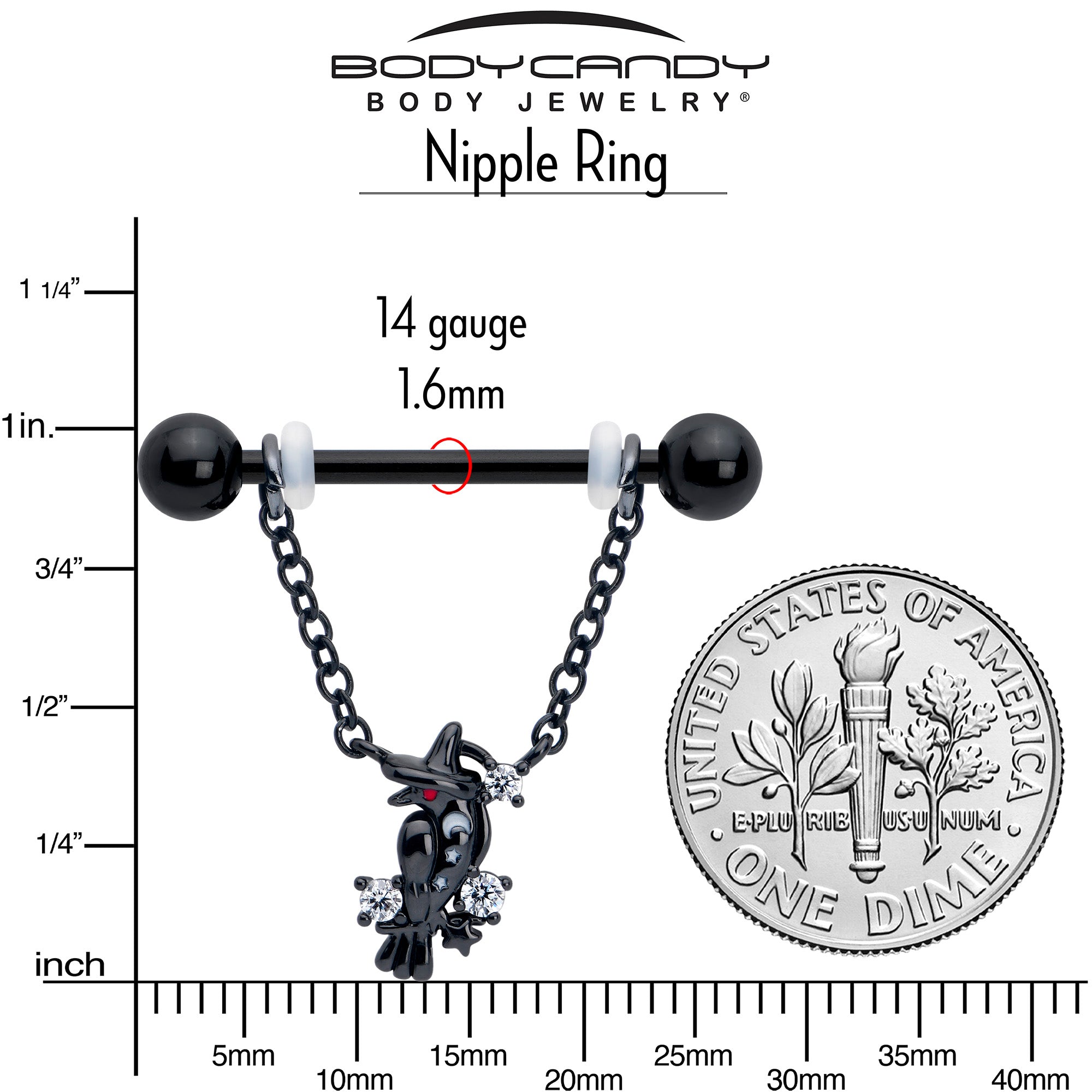 BodyCandy 14G 9/16 Clear CZ Gem Black Raven Witch Dangle Nipple Ring Set — side view