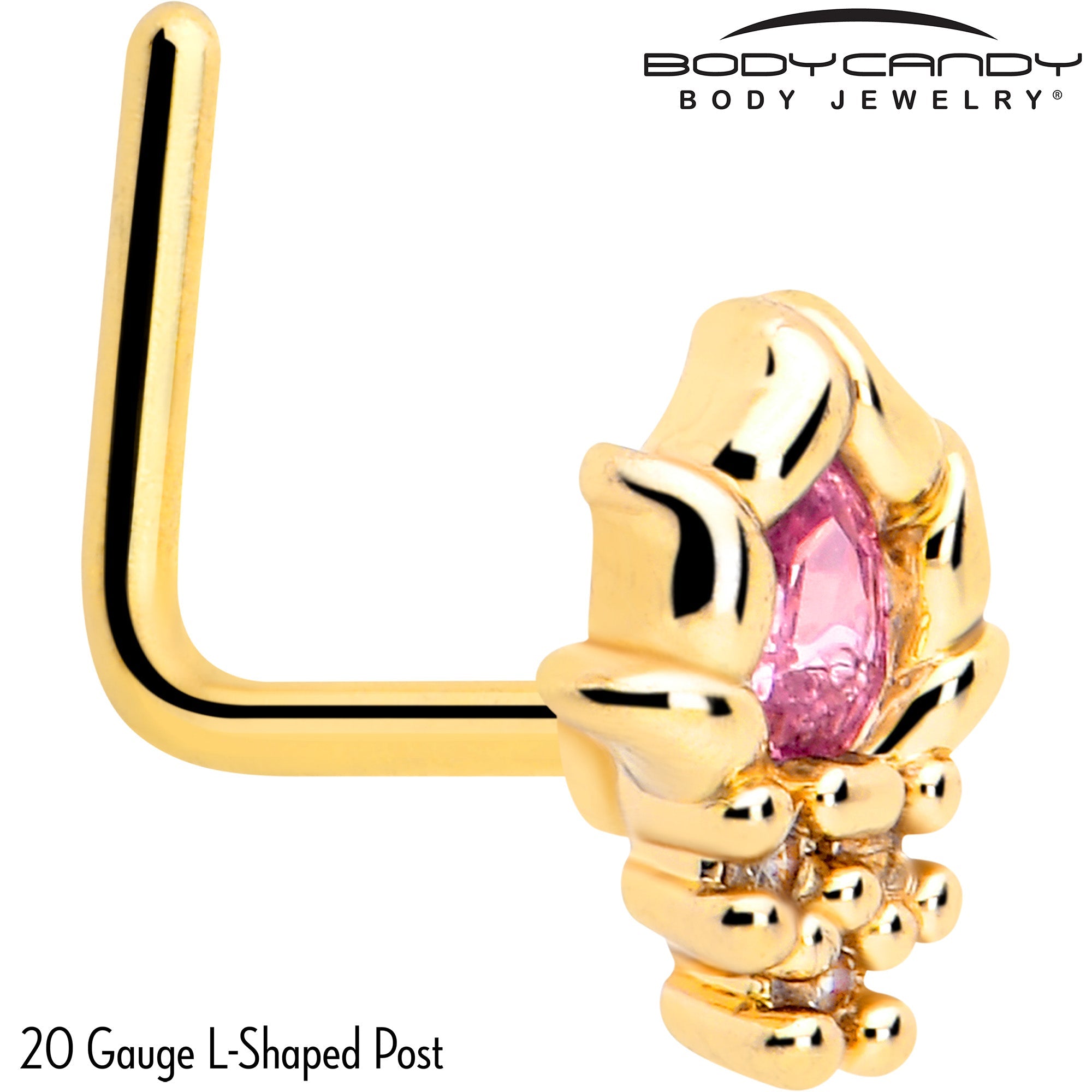 BodyCandy 20G 7mm Pink CZ Gem Gold Tone Style Fire L Shape Nose Ring — detail close-up