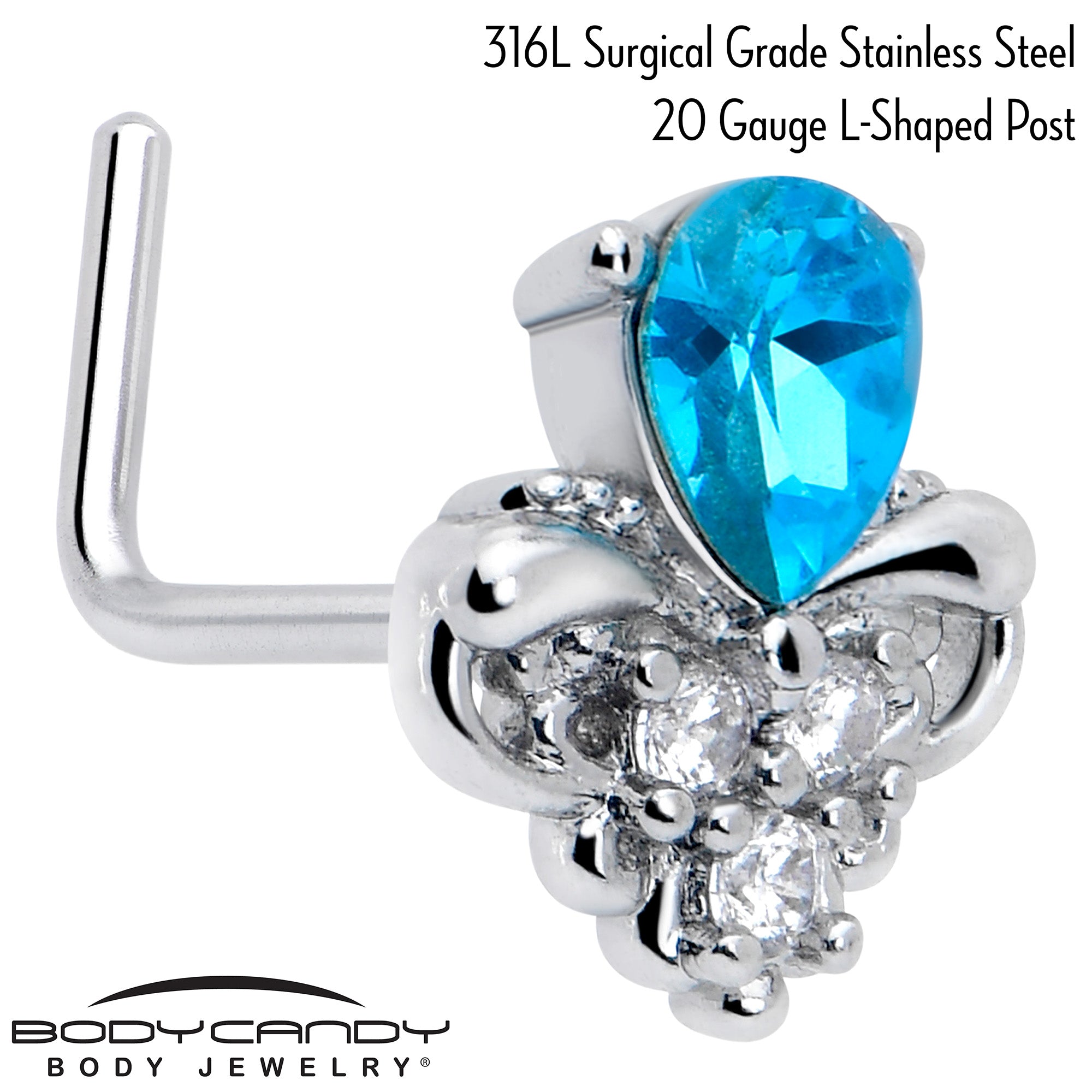 BodyCandy 20G 7mm Blue Gem Style Simplicity L Shape Nose Ring — detail close-up