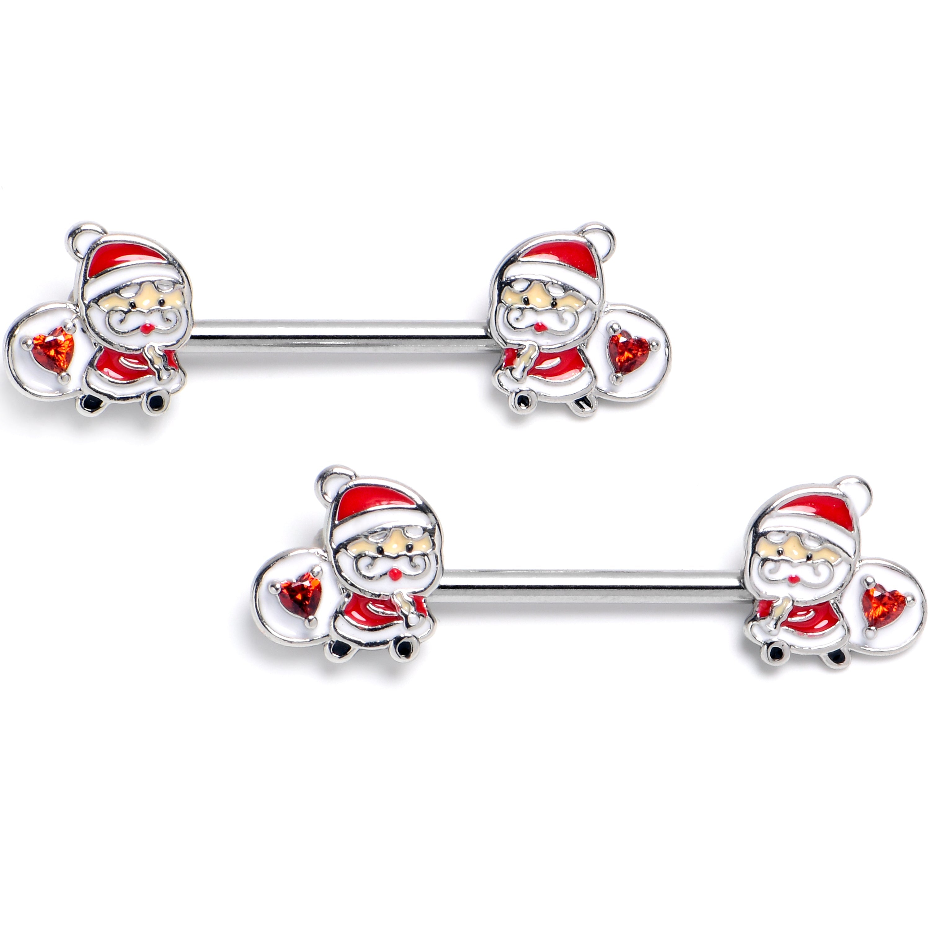 BodyCandy 14G 9/16 Red Gem Santa Bag Heart Holiday Barbell Nipple Ring Set — main product shot