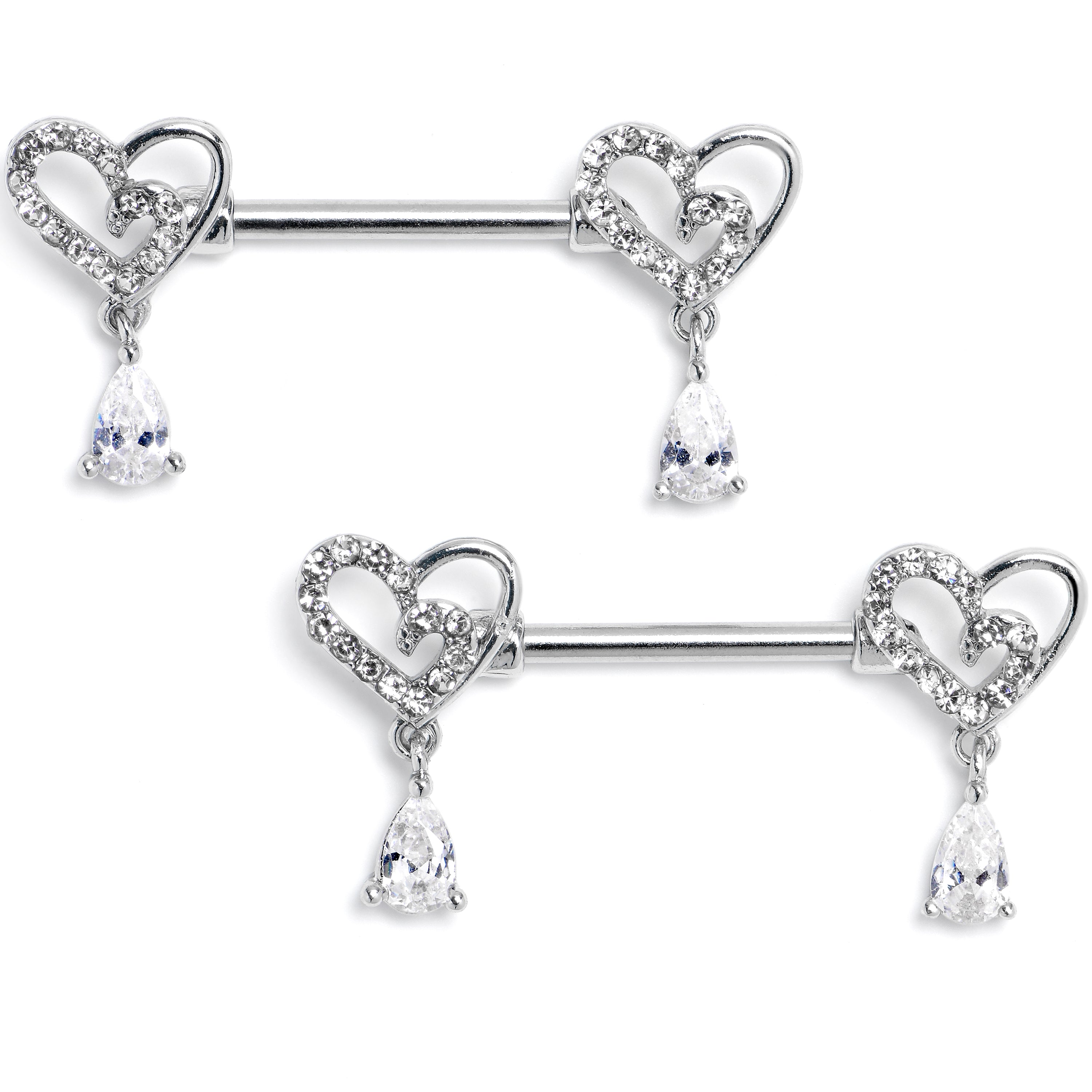 BodyCandy 14G 9/16 Clear CZ Gem Asymmetrical Heart Dangle Nipple Ring Set — main product shot