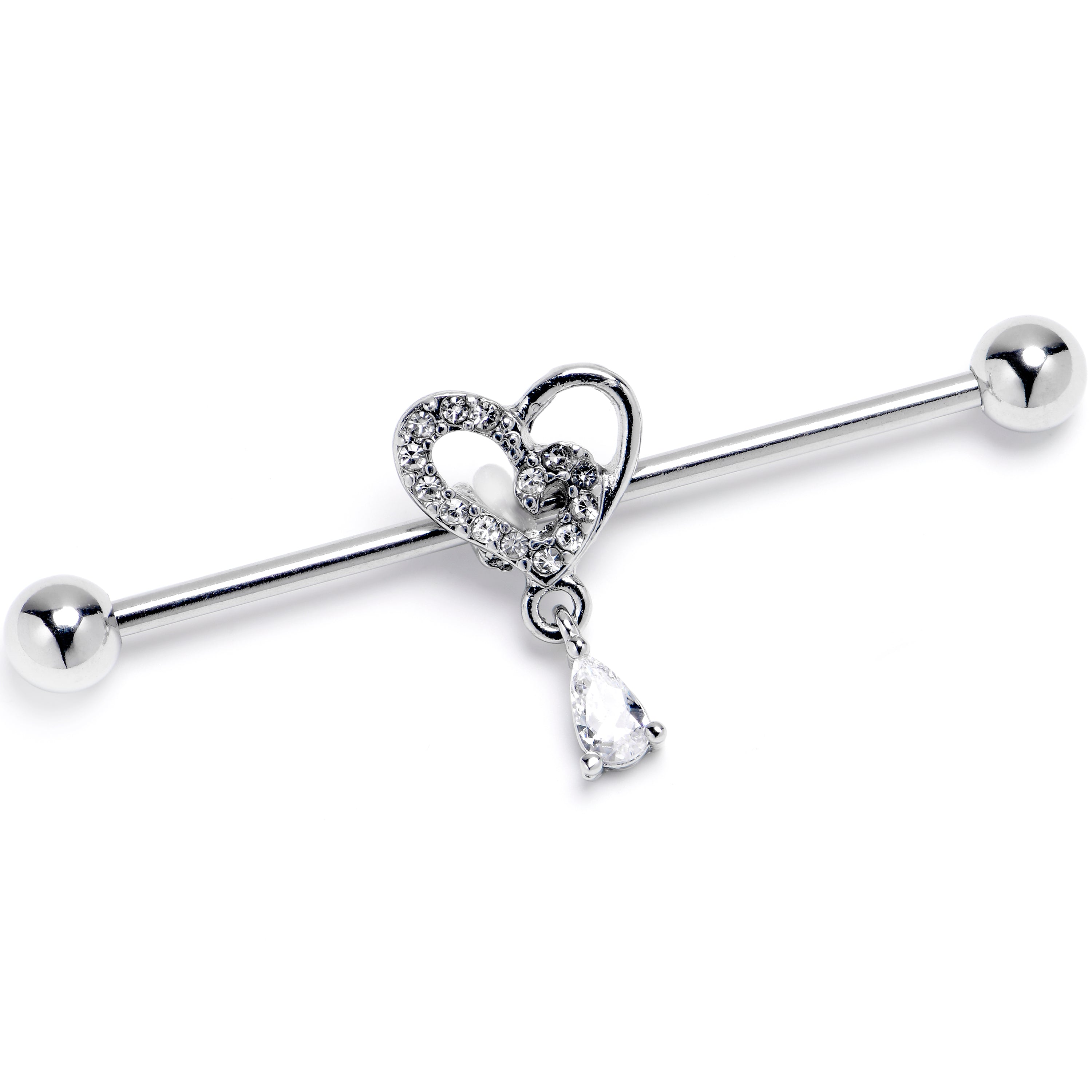 BodyCandy 14G Clear CZ Gem Asymmetrical Heart Dangle Industrial Barbell 38mm — main product shot