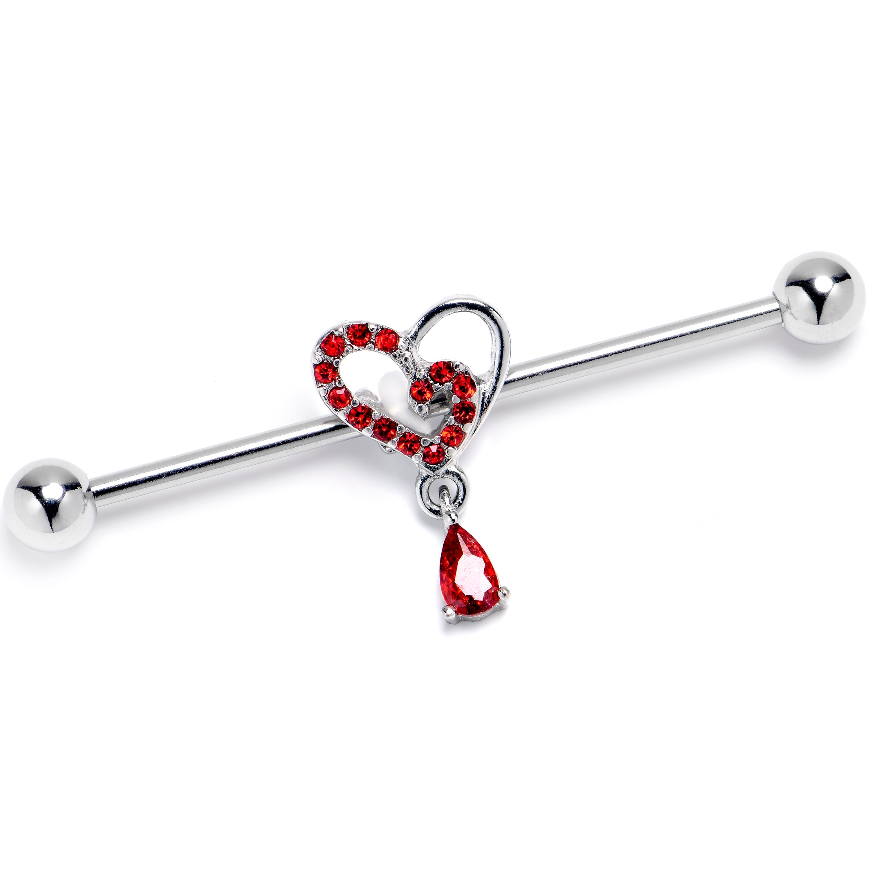 BodyCandy 14G Red CZ Gem Asymmetrical Heart Dangle Industrial Barbell 38mm — main product shot