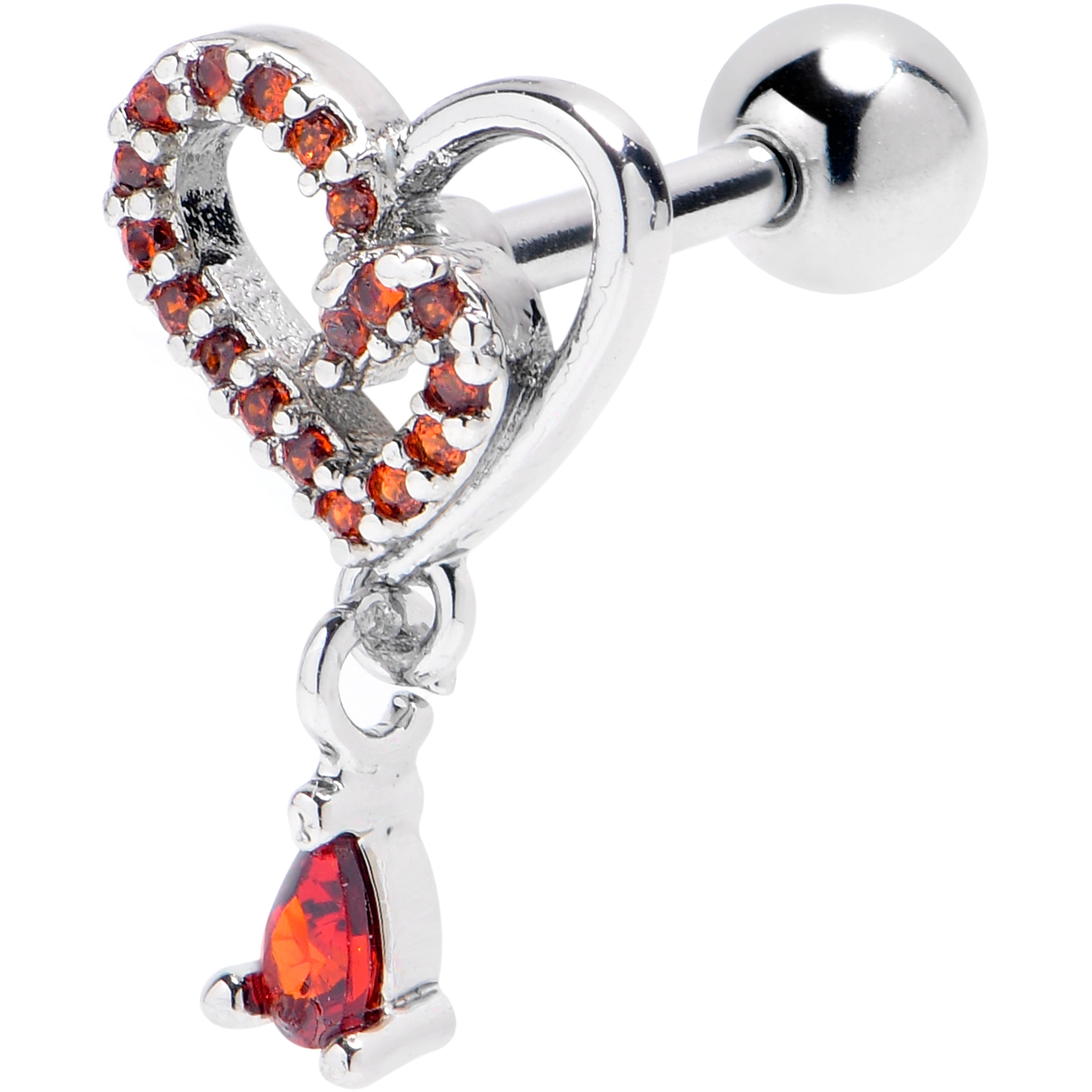 BodyCandy 16G 1/4 Red CZ Gem Asymmetrical Heart Dangle Cartilage Earring — main product shot