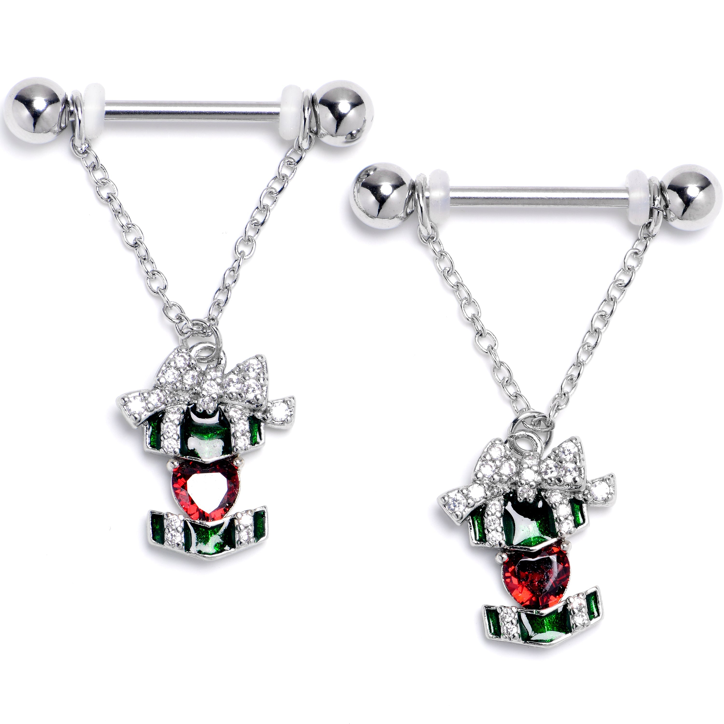 BodyCandy 14G 9/16 Red Green Gem Holiday Abstract Heart Dangle Nipple Ring Set — main product shot