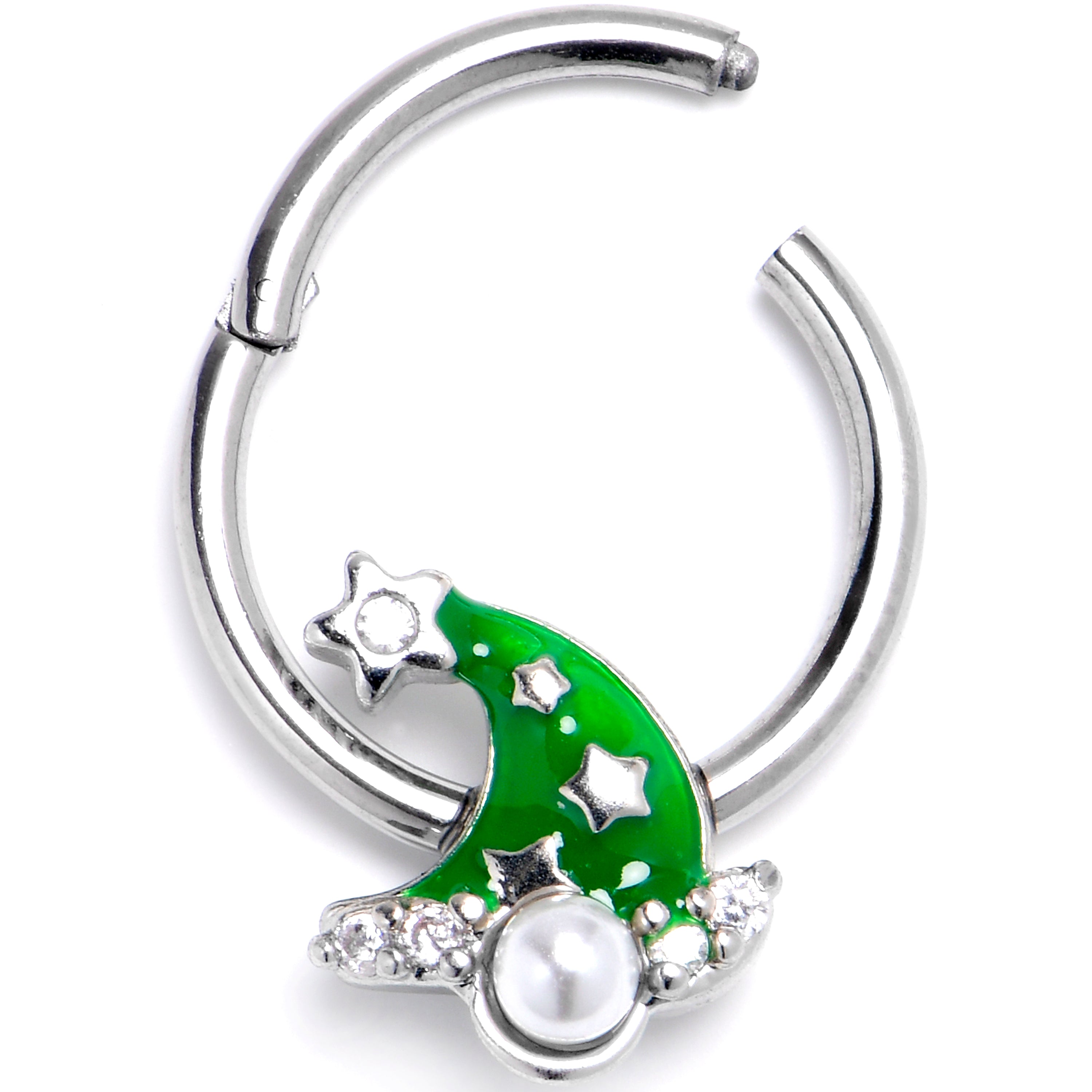 BodyCandy 16G 3/8 Clear Gem Santa Hat Stars Green Hinged Segment Ring — main product shot