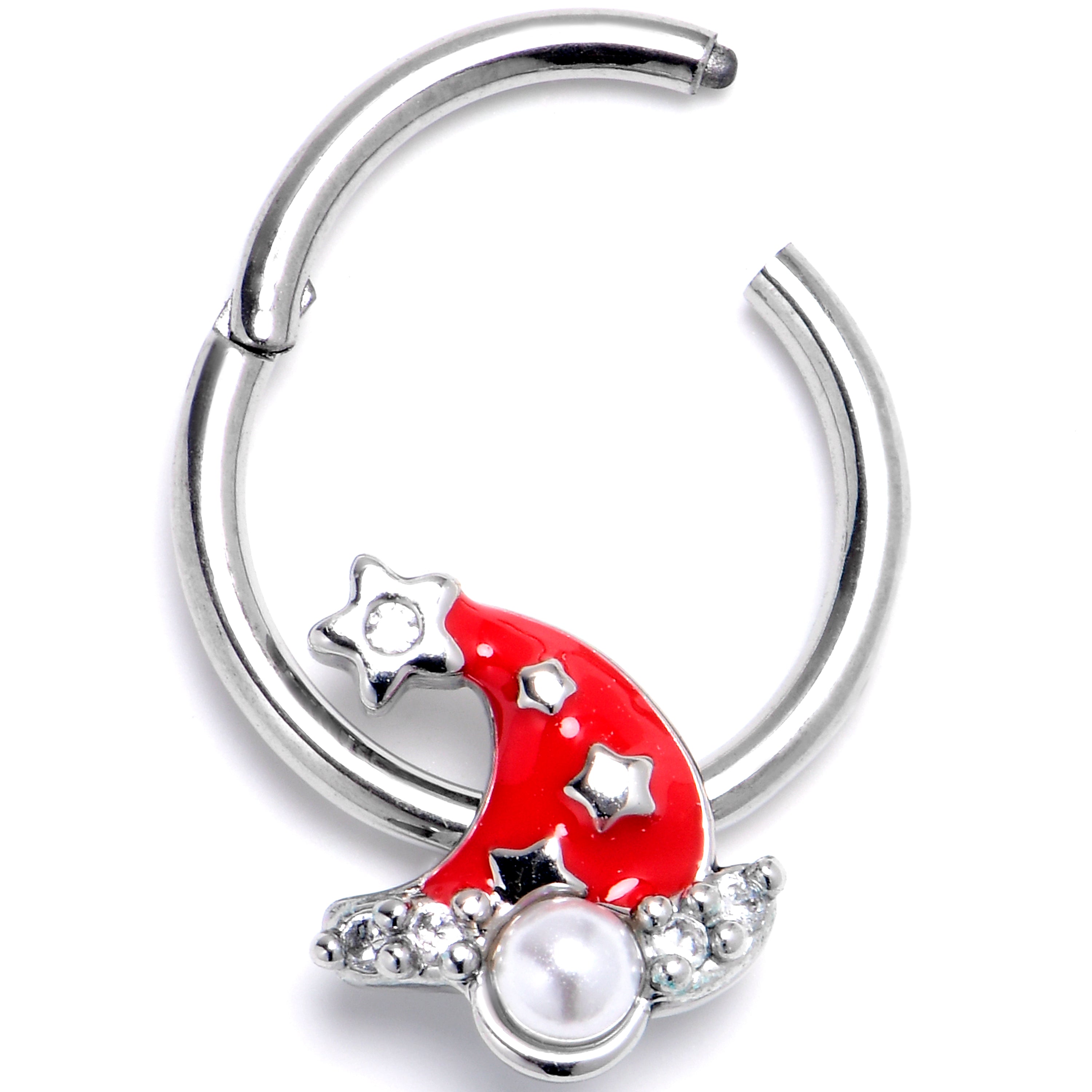 BodyCandy 16G 3/8 Clear Gem Santa Hat Stars Red Hinged Segment Ring — main product shot