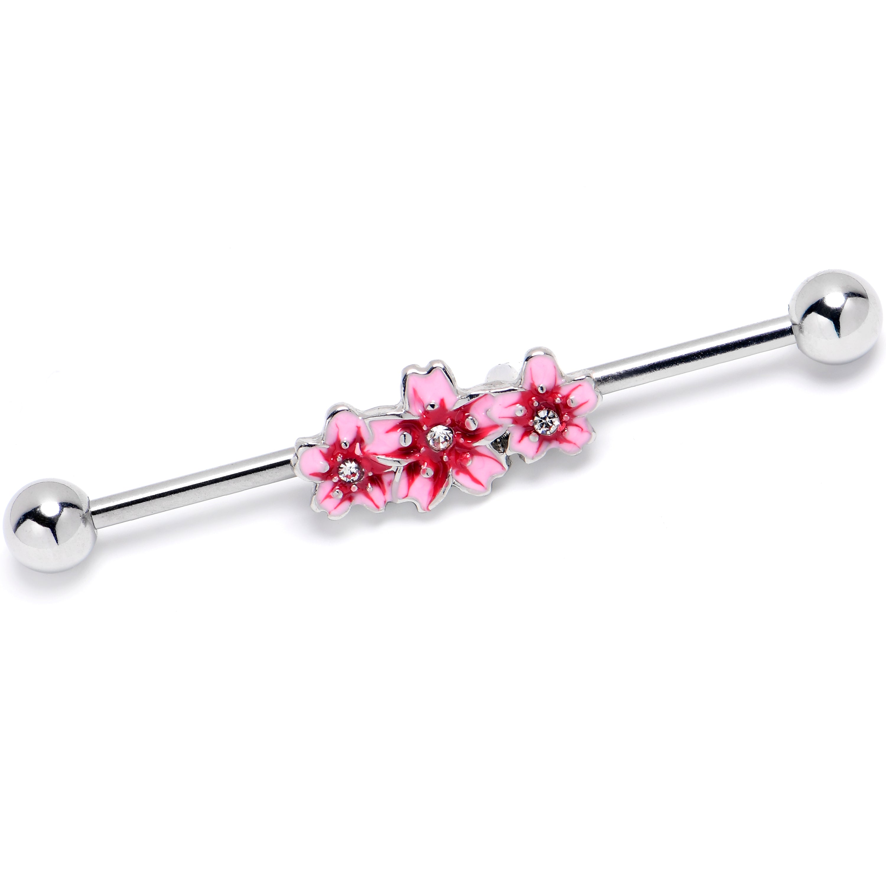BodyCandy 14G Clear Gem Perfect Pink Flower Trio Industrial Barbell 38mm — main product shot
