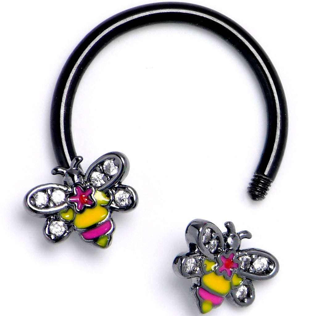 BodyCandy 16G 3/8 Clear CZ Gem Black Bright Bee Beauty Horseshoe — detail close-up
