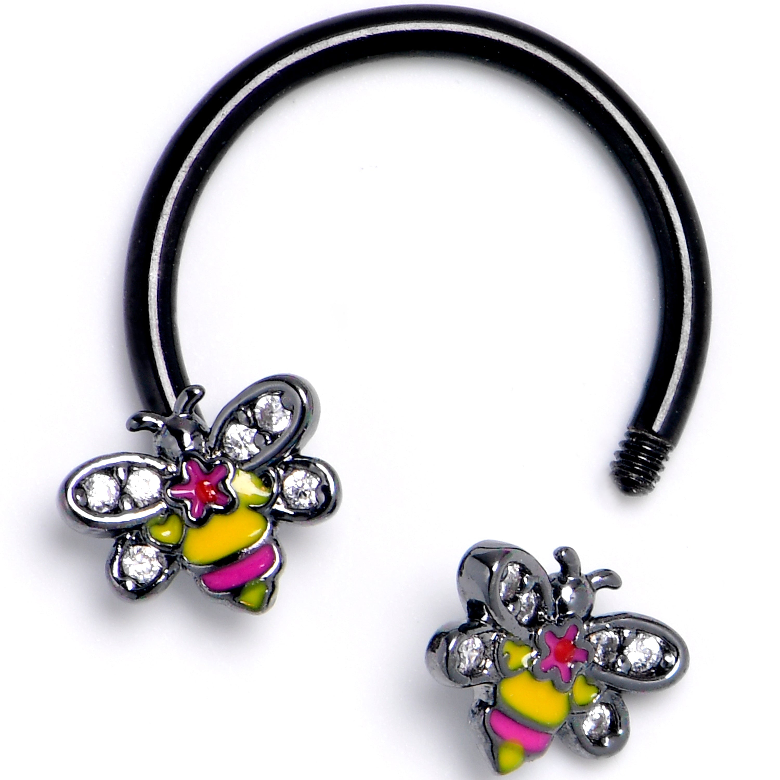 BodyCandy 16G 3/8 Clear CZ Gem Black Bright Bee Beauty Horseshoe — detail close-up