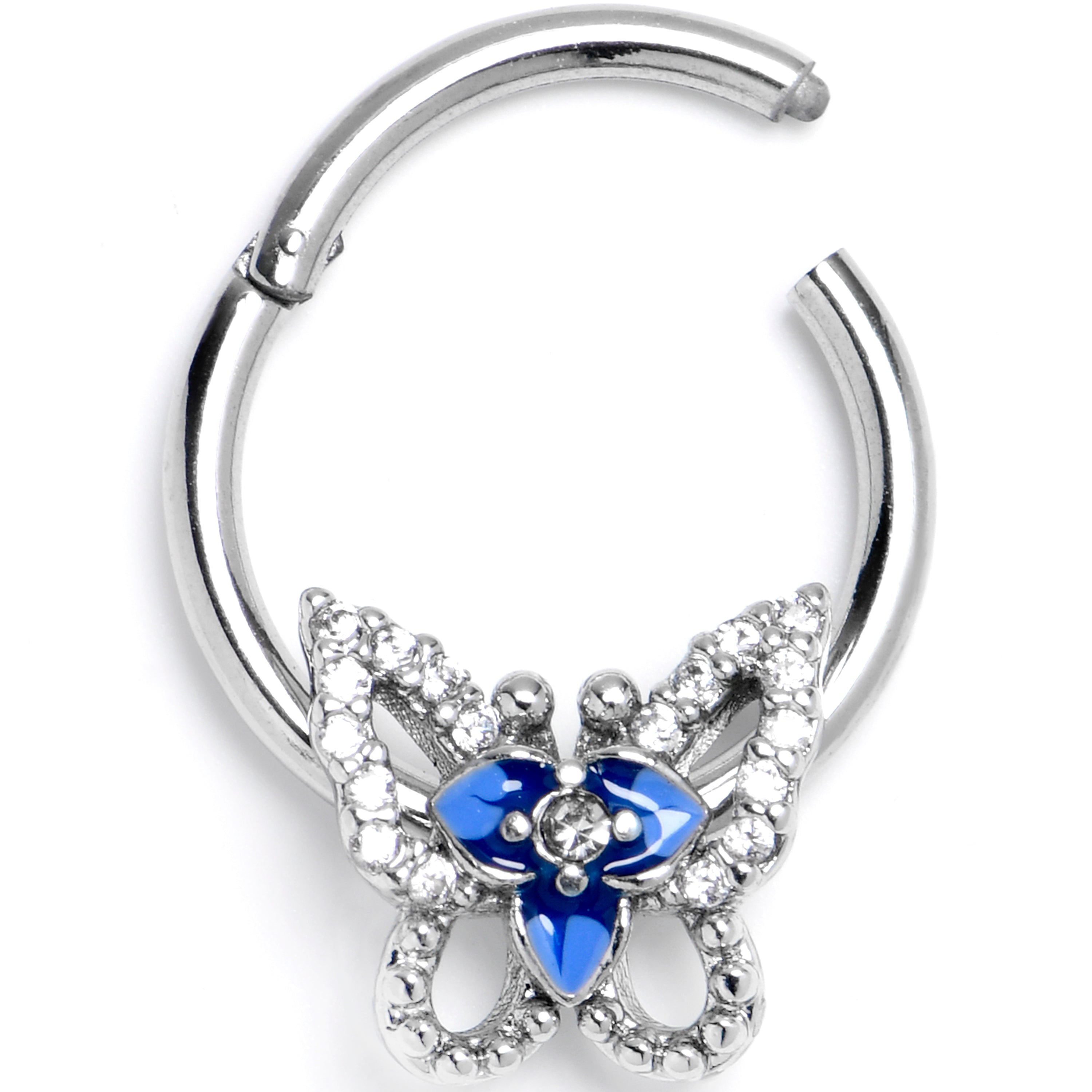 BodyCandy 16G 3/8 Clear Gem Fabulous Butterfly Blue Hinged Segment Ring — main product shot