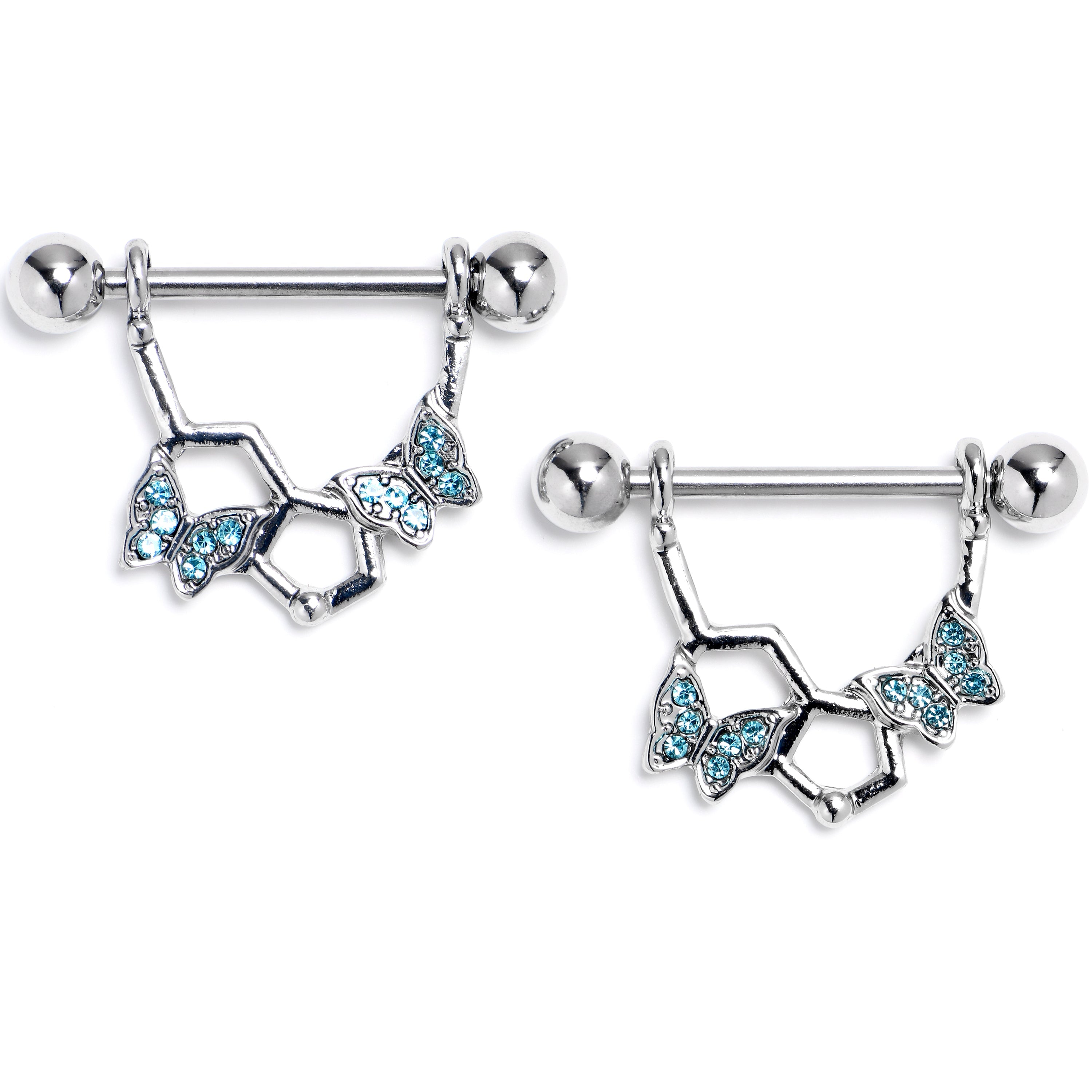 BodyCandy 14G 9/16 Blue Gem Hexagon Butterfly Dangle Nipple Ring Set — main product shot
