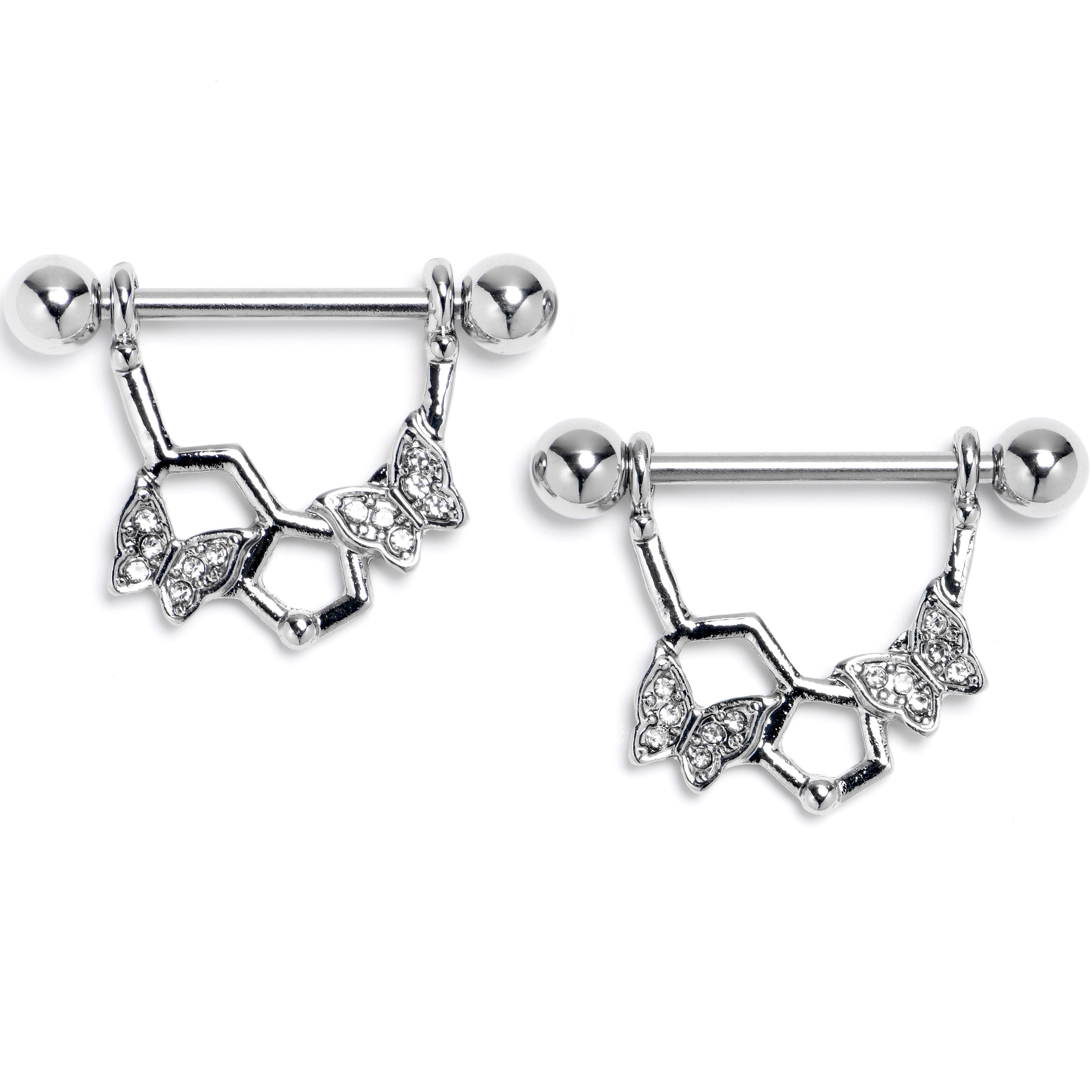 BodyCandy 14G 9/16 Clear Gem Hexagon Butterfly Dangle Nipple Ring Set — main product shot