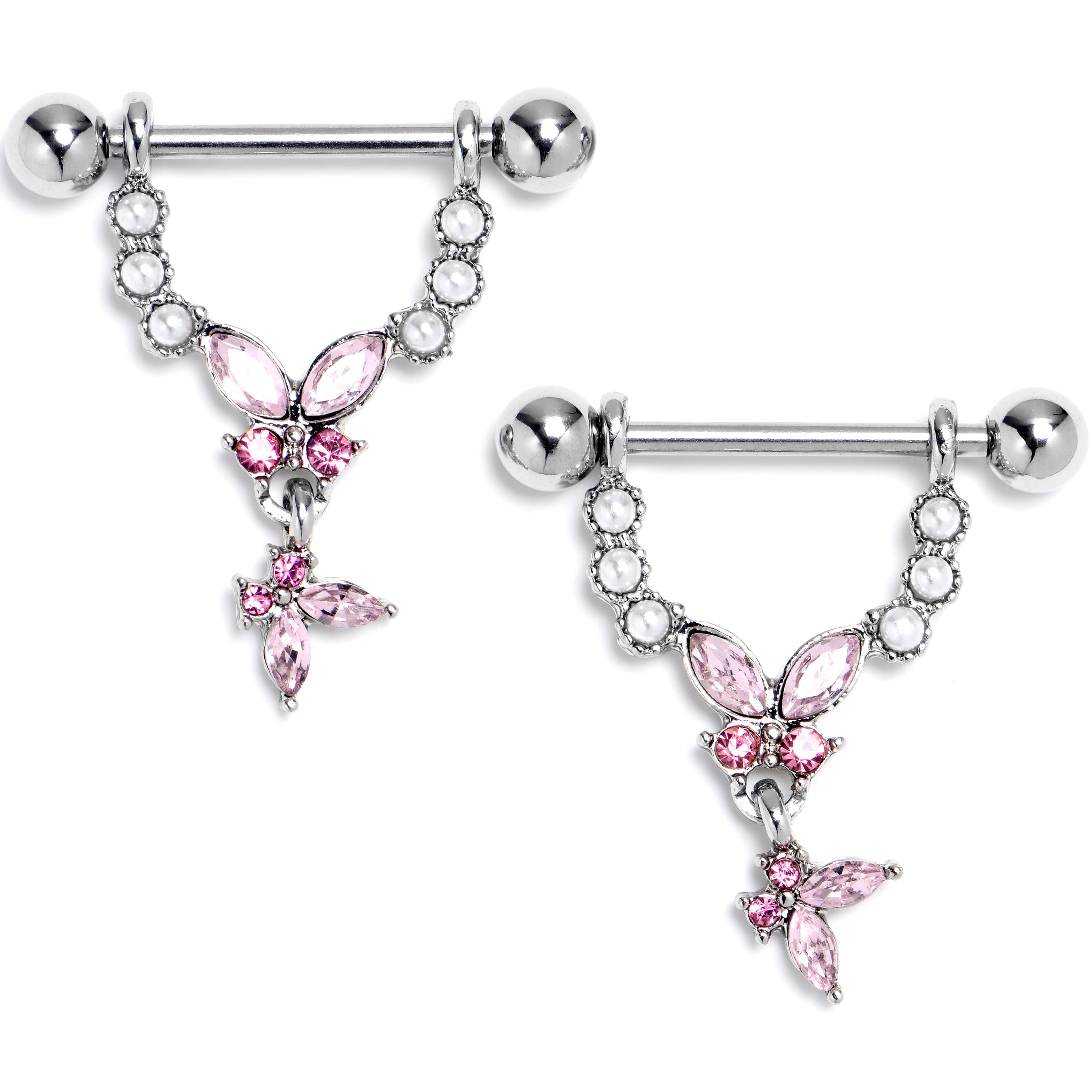 BodyCandy 14G 9/16 Pink Gem Double Butterfly Glam Dangle Nipple Ring Set — main product shot