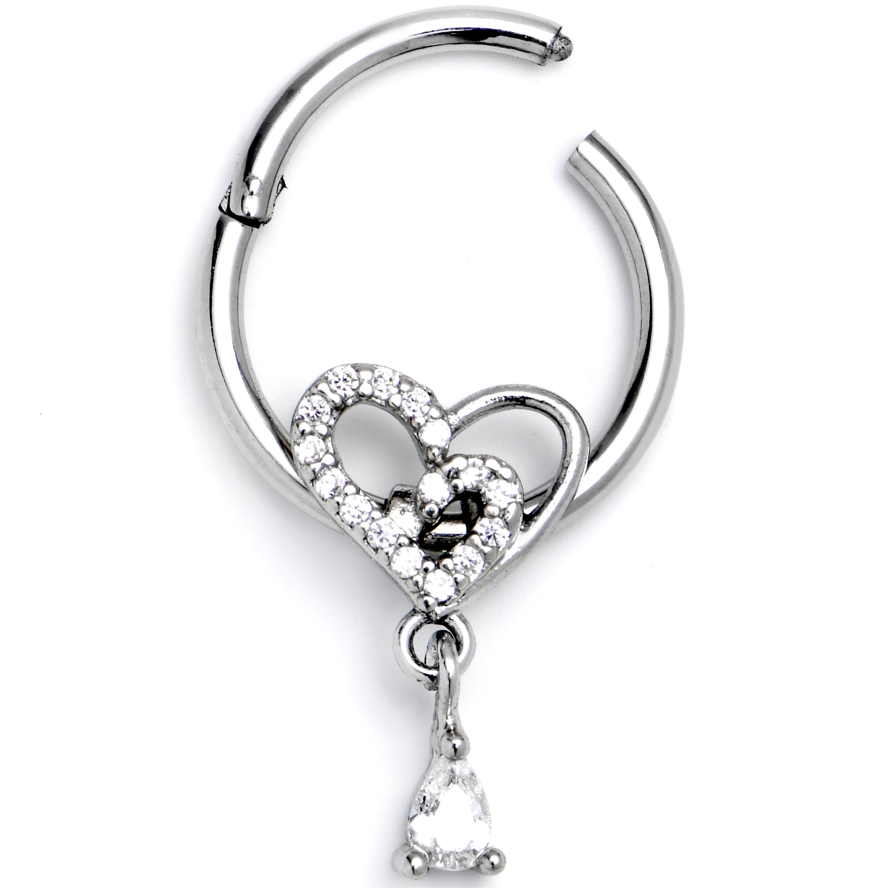 BodyCandy 16G 3/8 Clear CZ Gem Asymmetrical Heart Dangle Hinged Segment Ring — main product shot