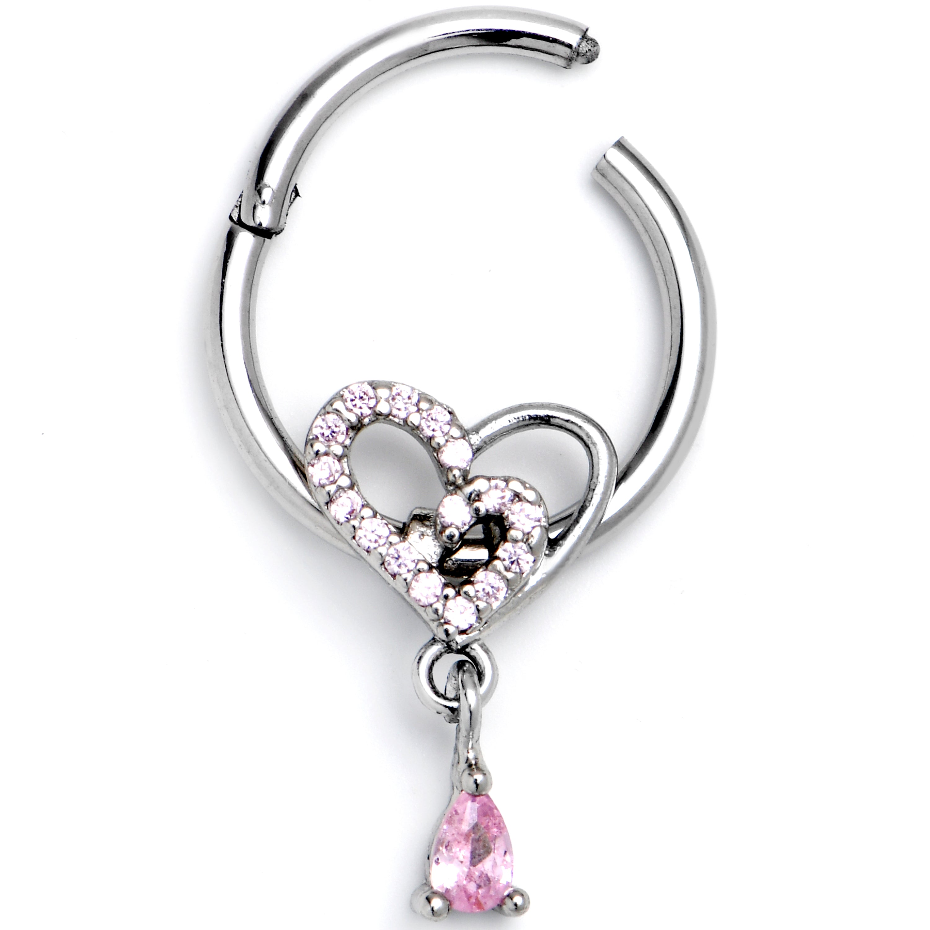 BodyCandy 16G 3/8 Pink CZ Gem Asymmetrical Heart Dangle Hinged Segment Ring — main product shot