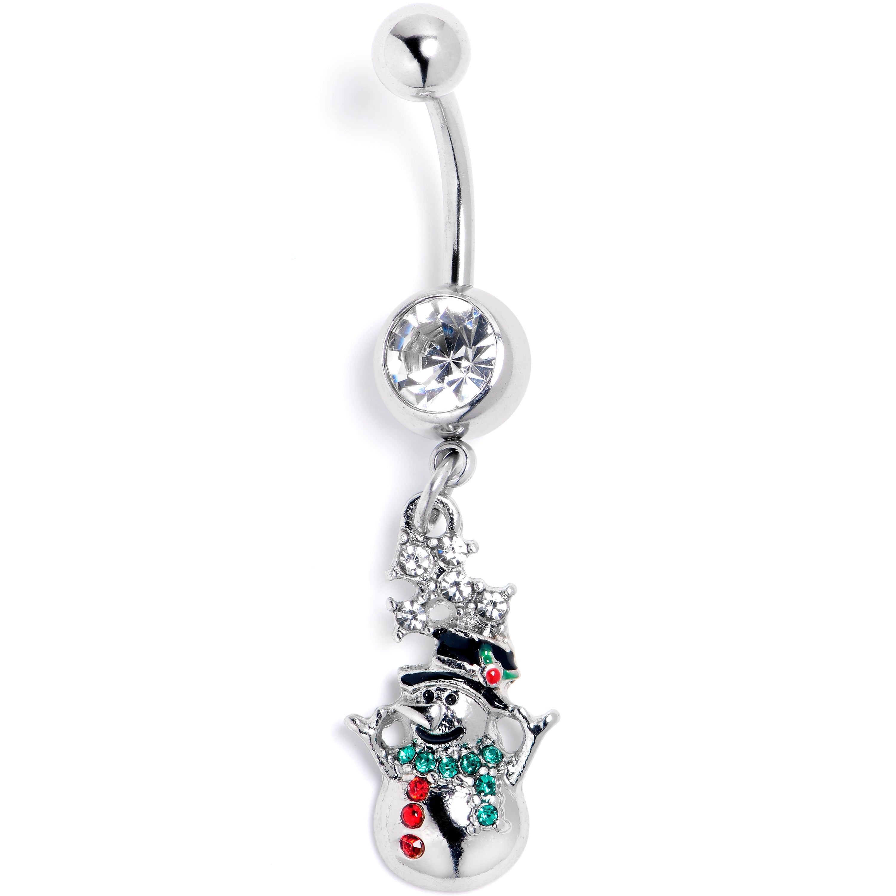 BodyCandy Red Clear Green Gem Opulent Snowman Holiday Dangle Belly Ring — main product shot