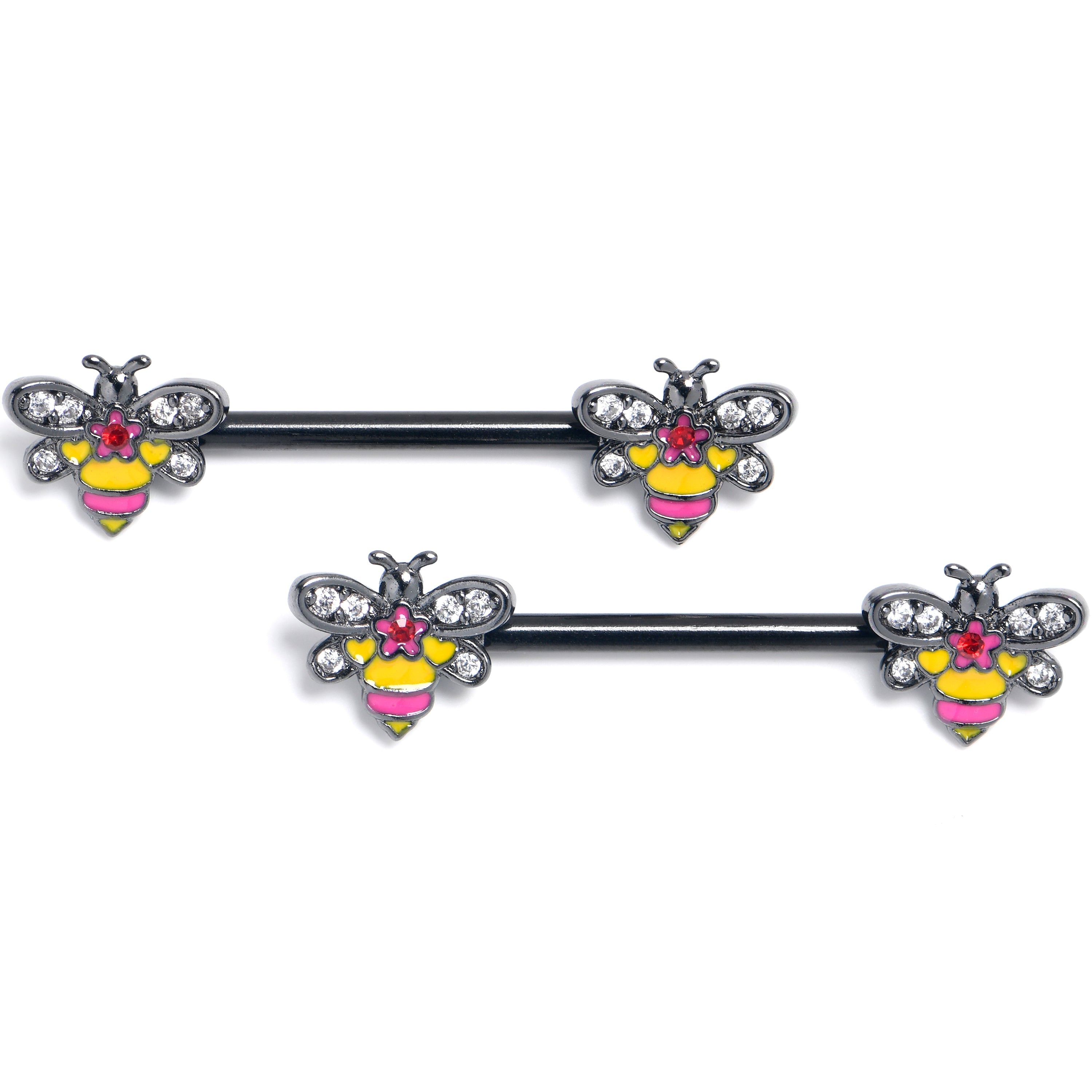 BodyCandy 14G 9/16 Clear CZ Gem Black Bright Bee Beauty Nipple Ring Set — main product shot
