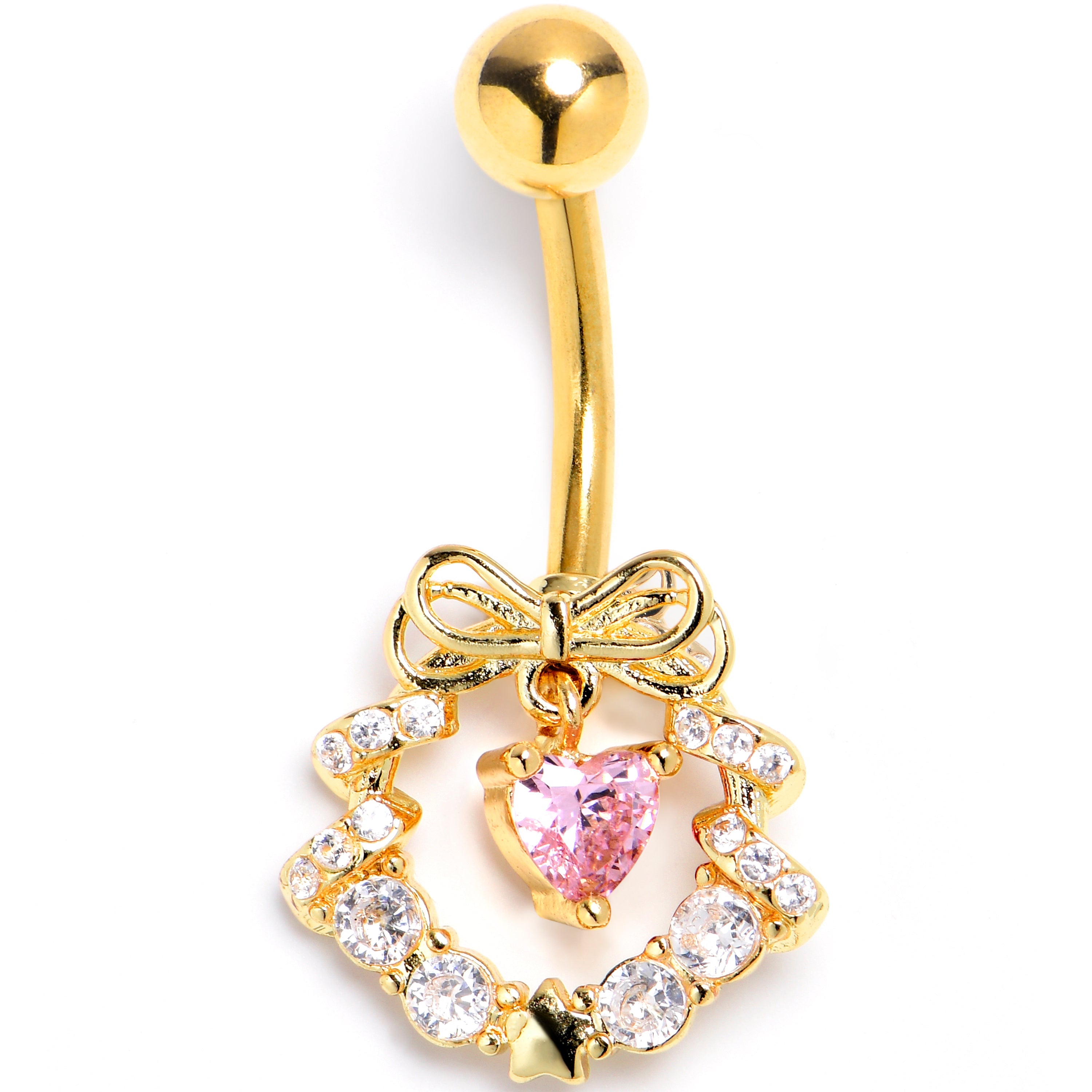 BodyCandy Clear Pink CZ Gem Gold Tone Heart Wreath of Love Belly Ring — main product shot