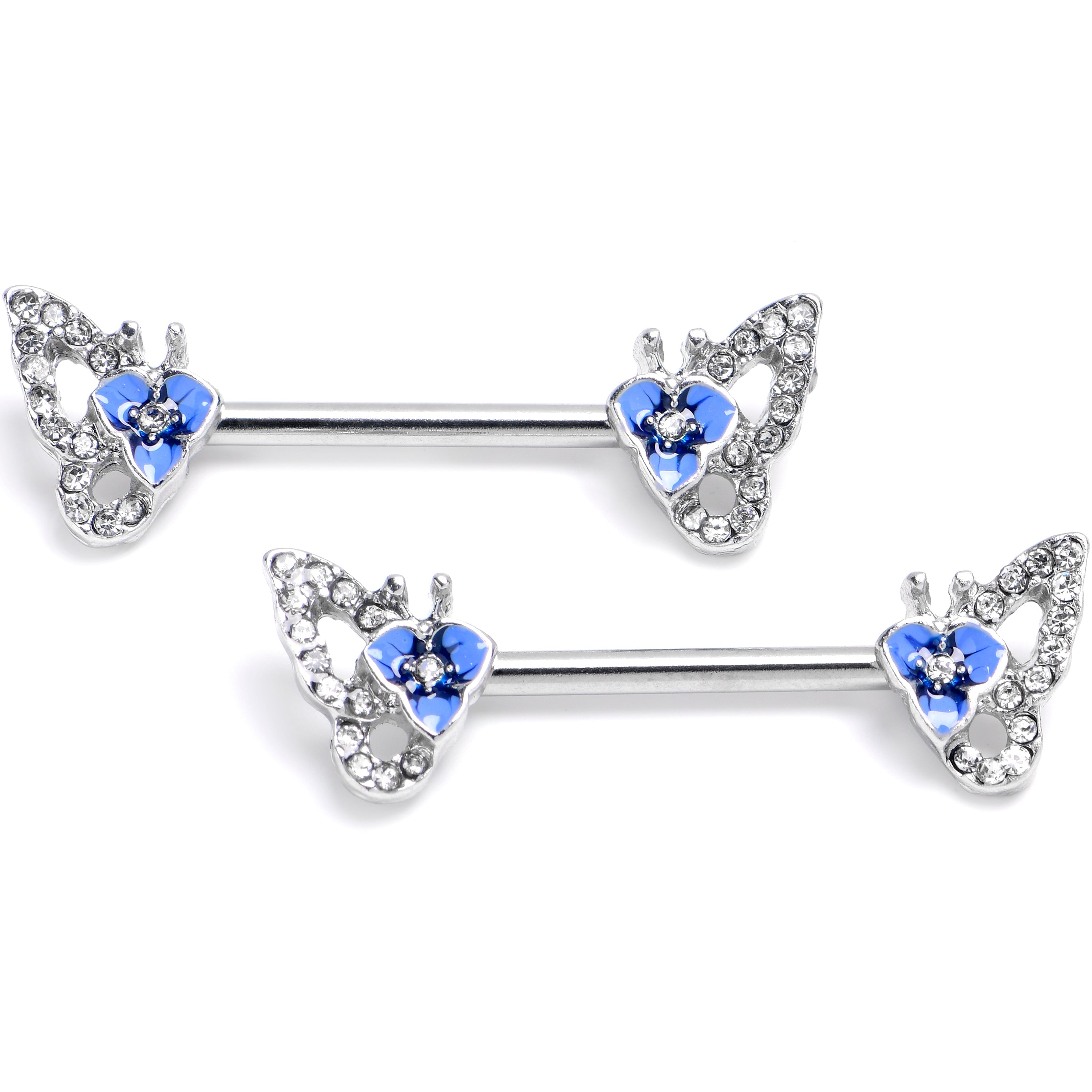 BodyCandy 14G 9/16 Clear Gem Fabulous Butterfly Blue Barbell Nipple Ring Set — main product shot
