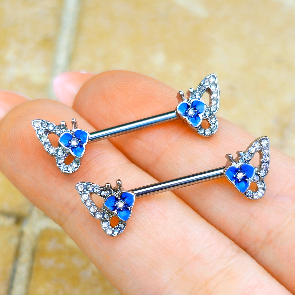 BodyCandy 14G 9/16 Clear Gem Fabulous Butterfly Blue Barbell Nipple Ring Set — detail close-up