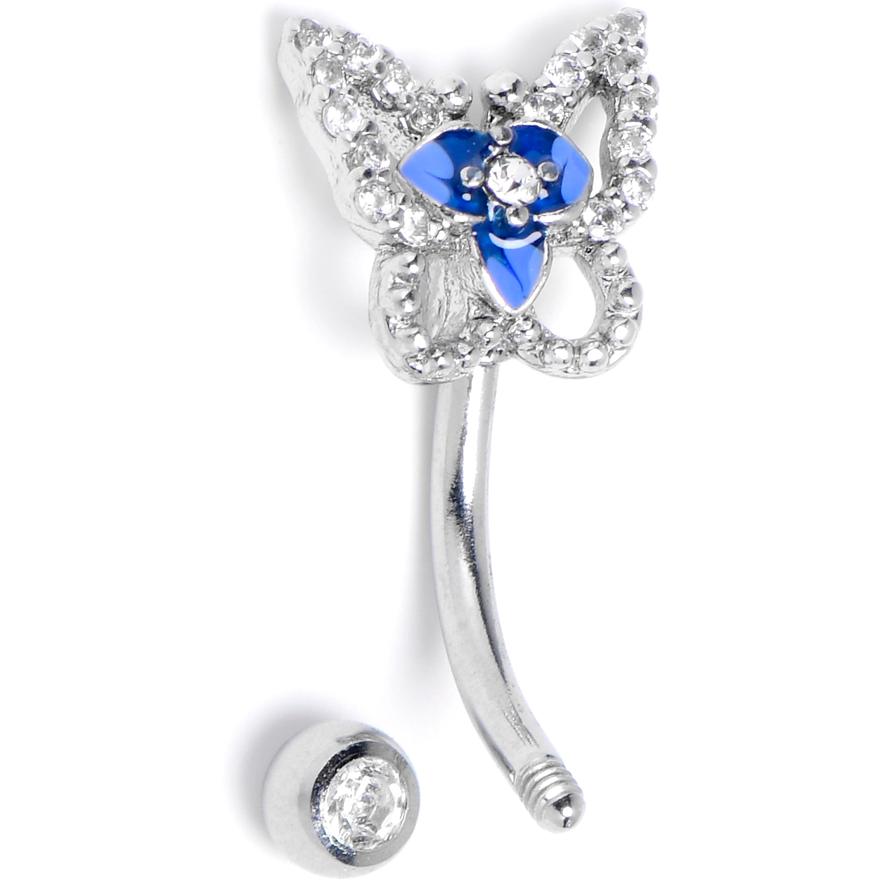 BodyCandy 16G 5/16 Clear Gem Fabulous Butterfly Blue Curved Eyebrow Ring — detail close-up