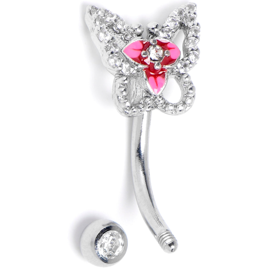 BodyCandy 16G 5/16 Clear Gem Fabulous Butterfly Pink Curved Eyebrow Ring — detail close-up
