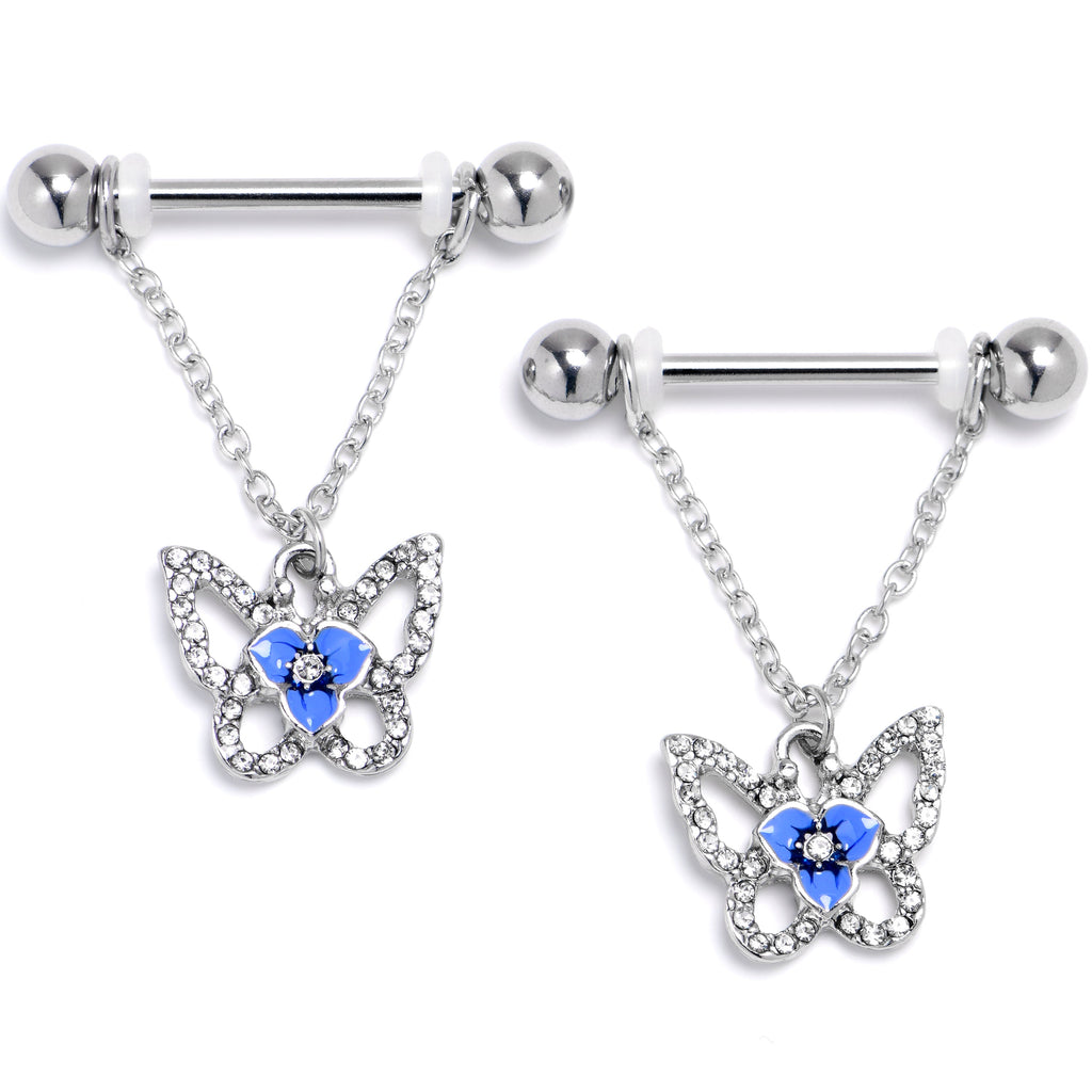 BodyCandy 14G 9/16 Clear Gem Fabulous Butterfly Blue Dangle Nipple Ring Set — main product shot
