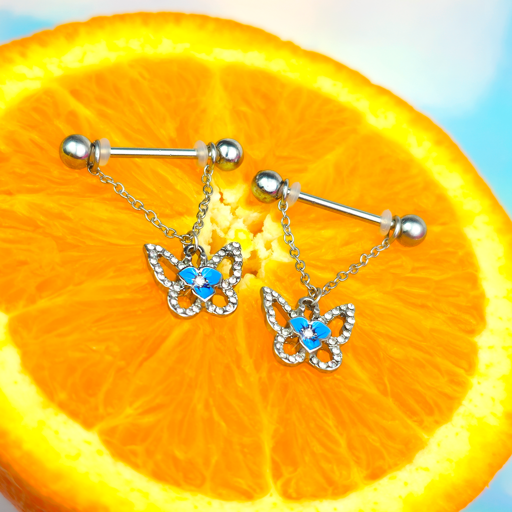 BodyCandy 14G 9/16 Clear Gem Fabulous Butterfly Blue Dangle Nipple Ring Set — detail close-up
