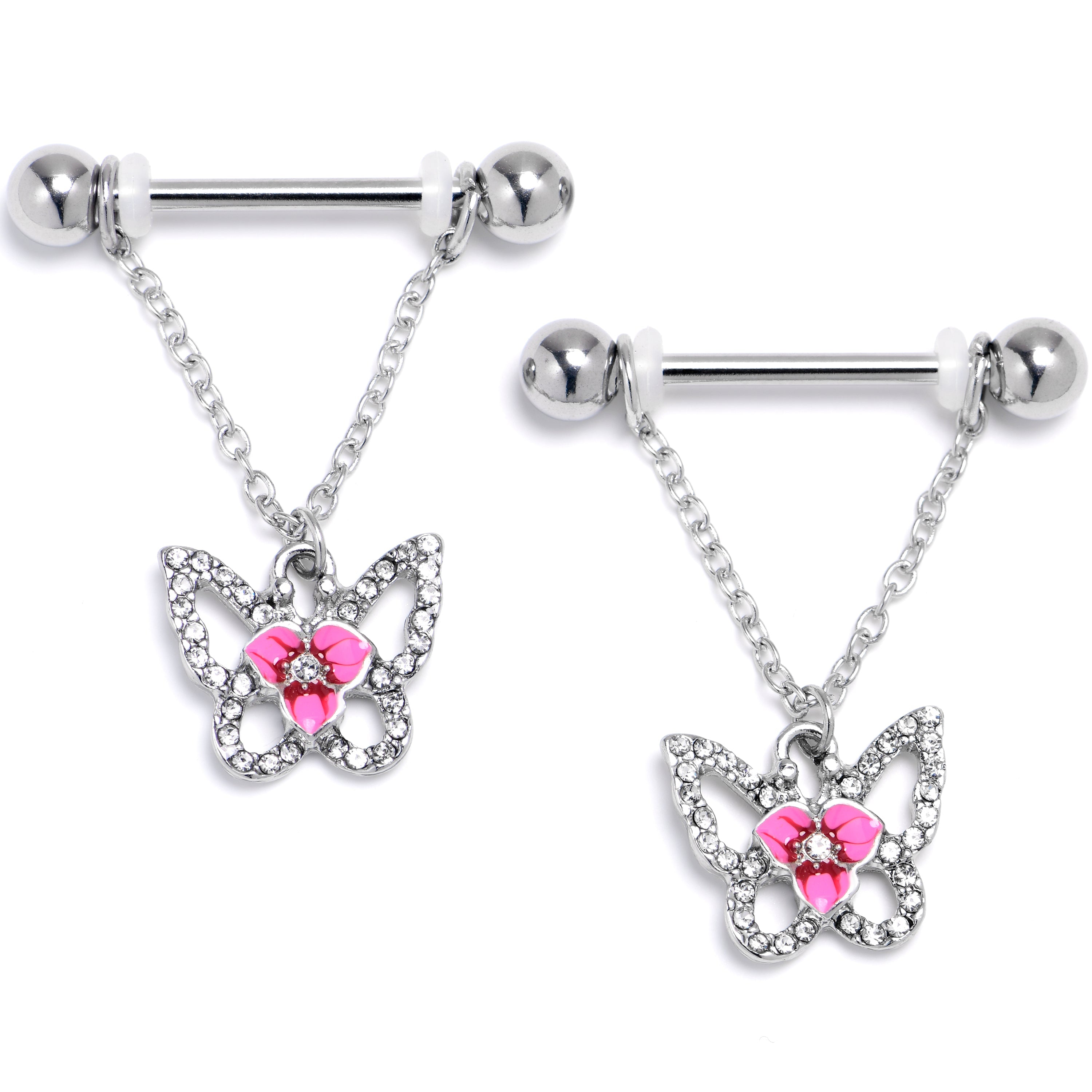 BodyCandy 14G 9/16 Clear Gem Fabulous Butterfly Pink Dangle Nipple Ring Set — main product shot