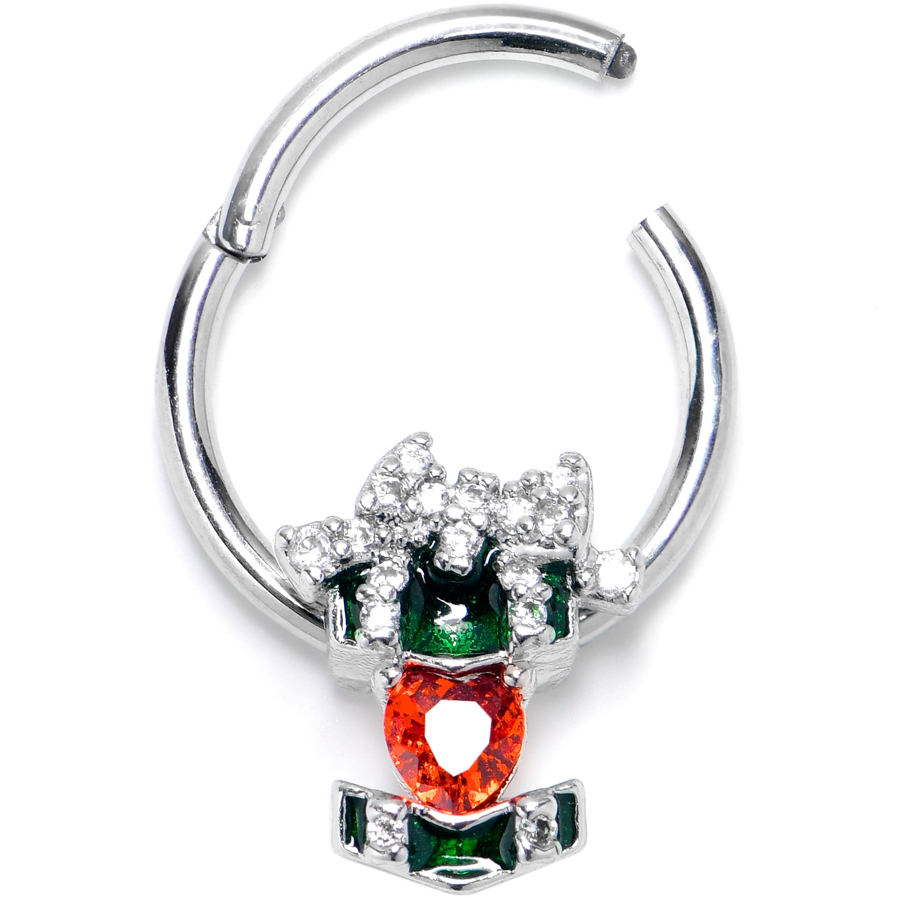 BodyCandy 16G 3/8 Green Red Gem Holiday Abstract Heart Hinged Segment Ring — main product shot