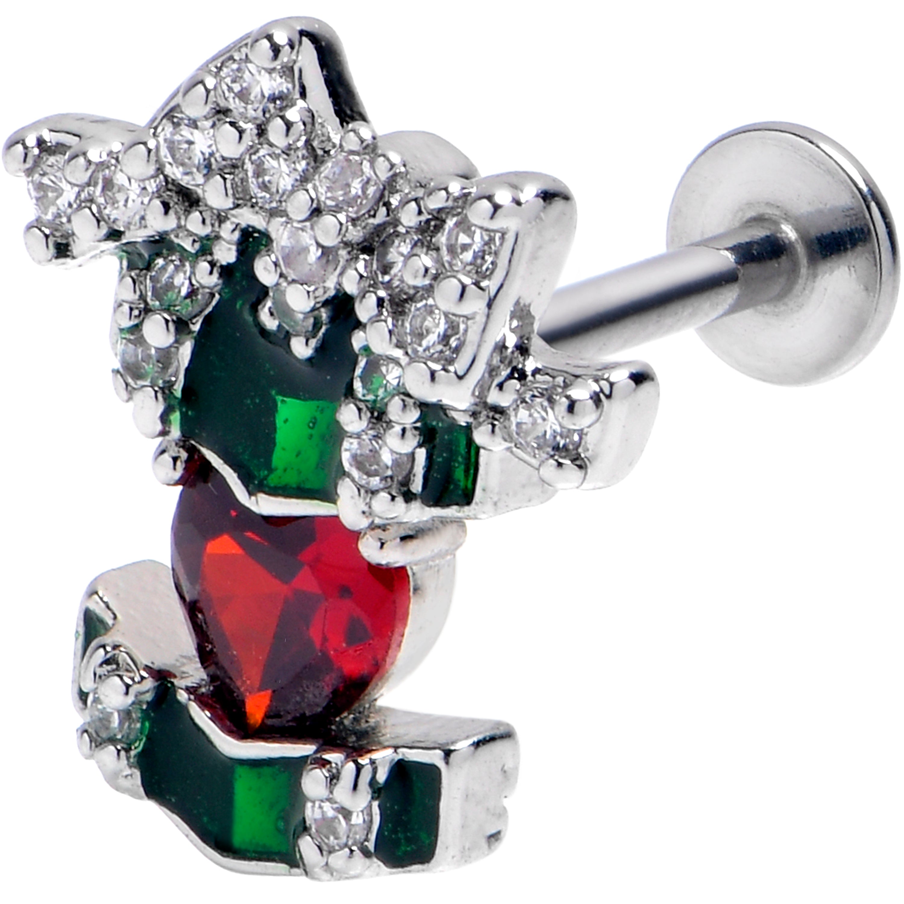 BodyCandy 16G 5/16 Green Red Gem Holiday Abstract Heart Labret Monroe Tragus — main product shot