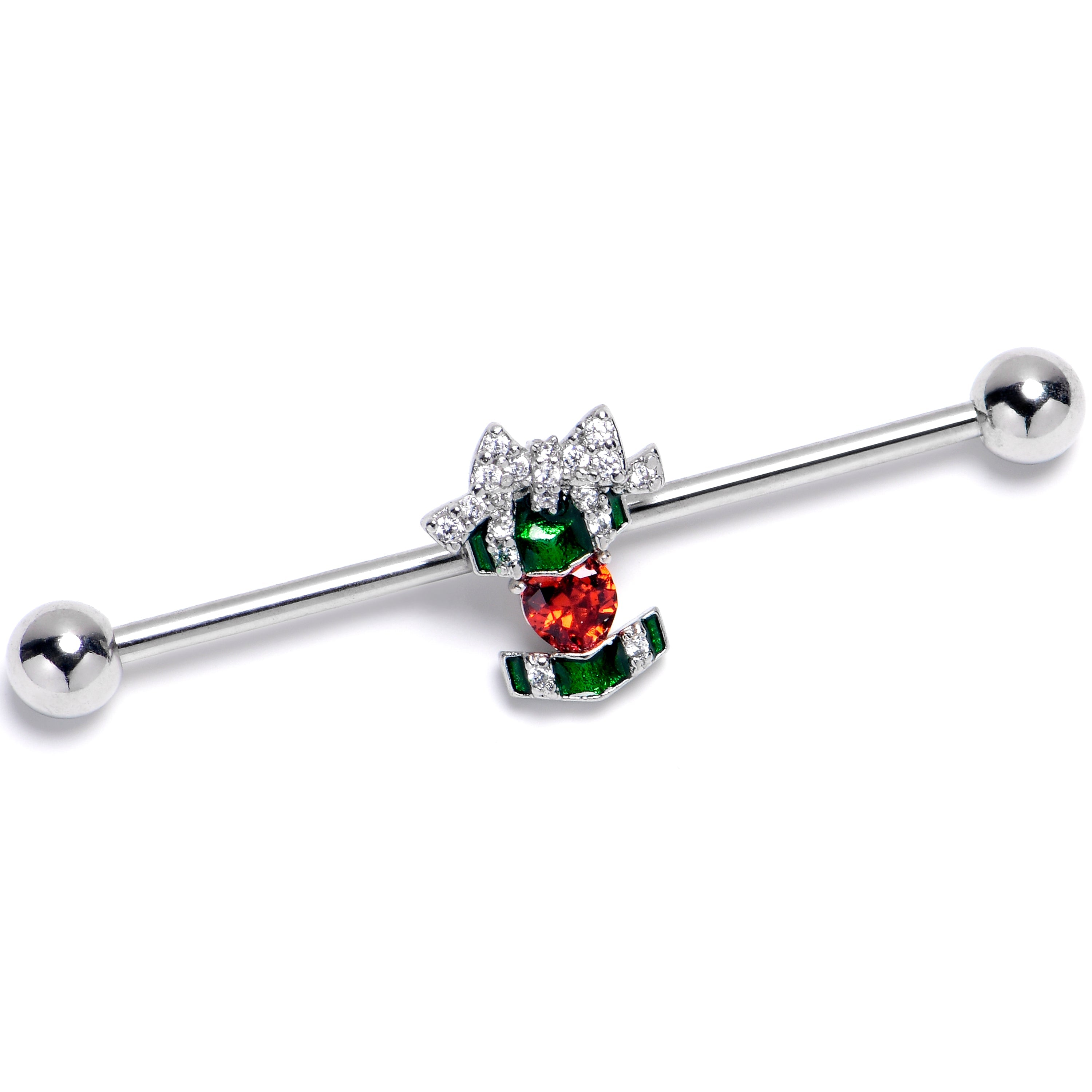 BodyCandy 14G Red Green Gem Holiday Abstract Heart Industrial Barbell 38mm — main product shot