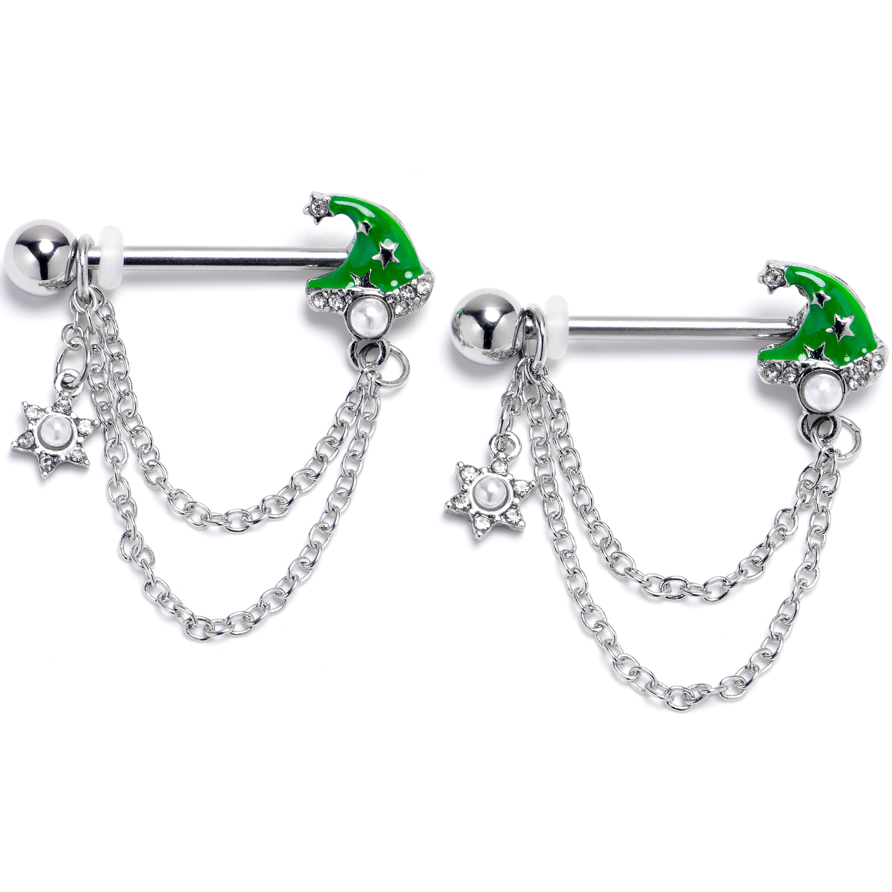 BodyCandy 14G 9/16 Clear Gem Santa Hat Stars Green Dangle Nipple Ring Set — main product shot