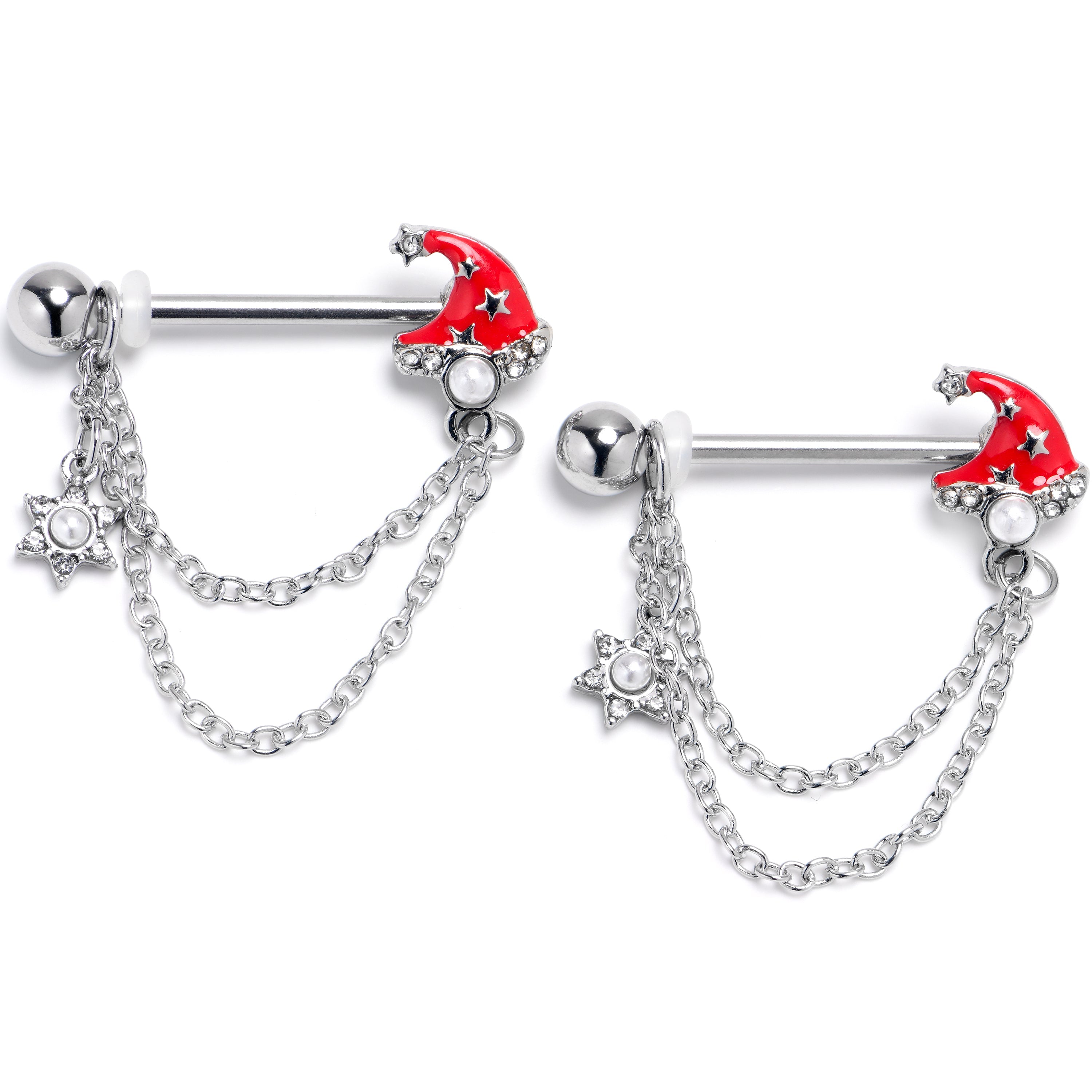 BodyCandy 14G 9/16 Clear Gem Santa Hat Stars Red Dangle Nipple Ring Set — main product shot