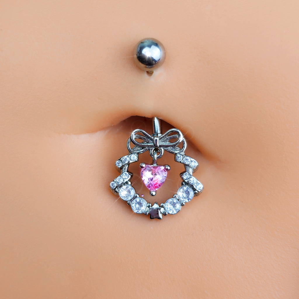 BodyCandy Clear Pink CZ Gem Heart Wreath of Love Belly Ring — detail close-up