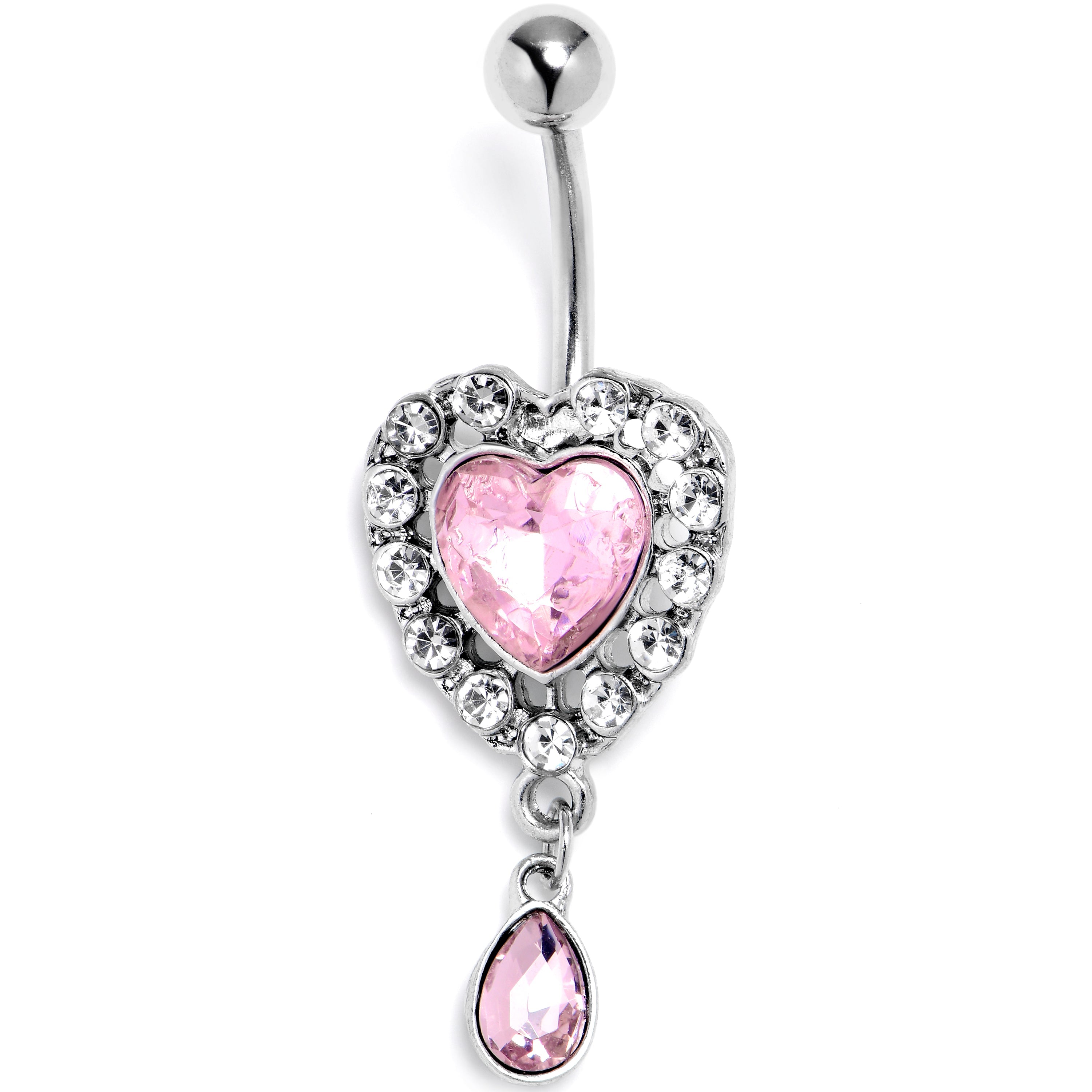 BodyCandy Pink Clear Gem Double Heart Drama Dangle Belly Ring — main product shot