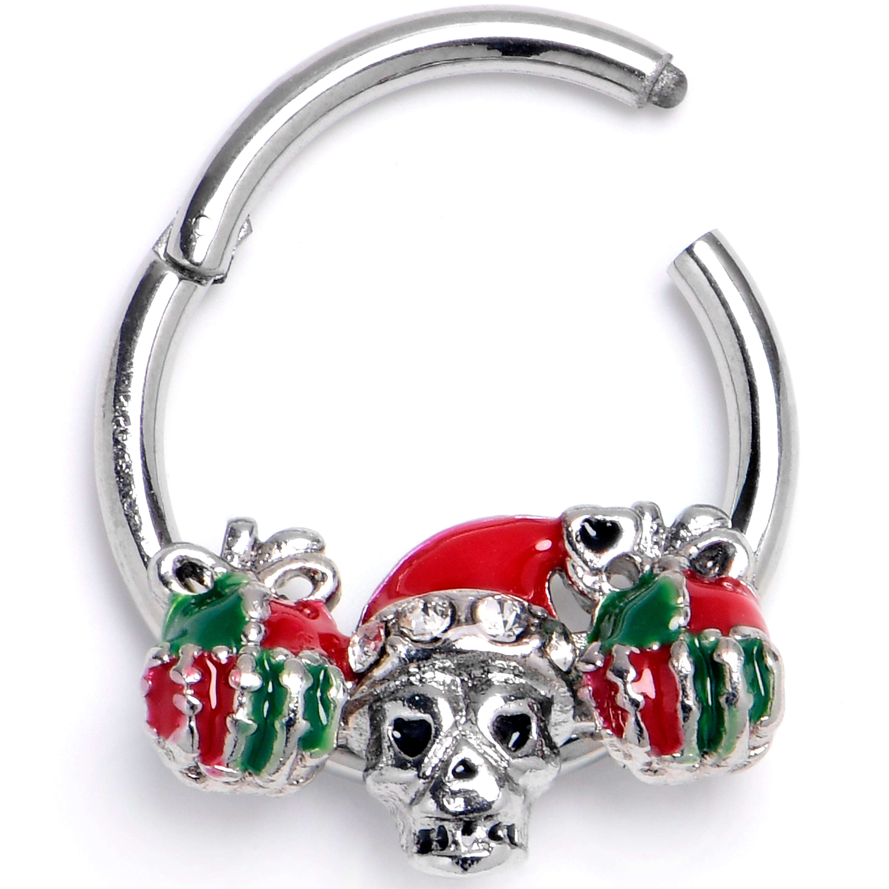 BodyCandy 16G 3/8 Clear Gem Santa Hat Skull Gifts Hinged Segment Ring — main product shot